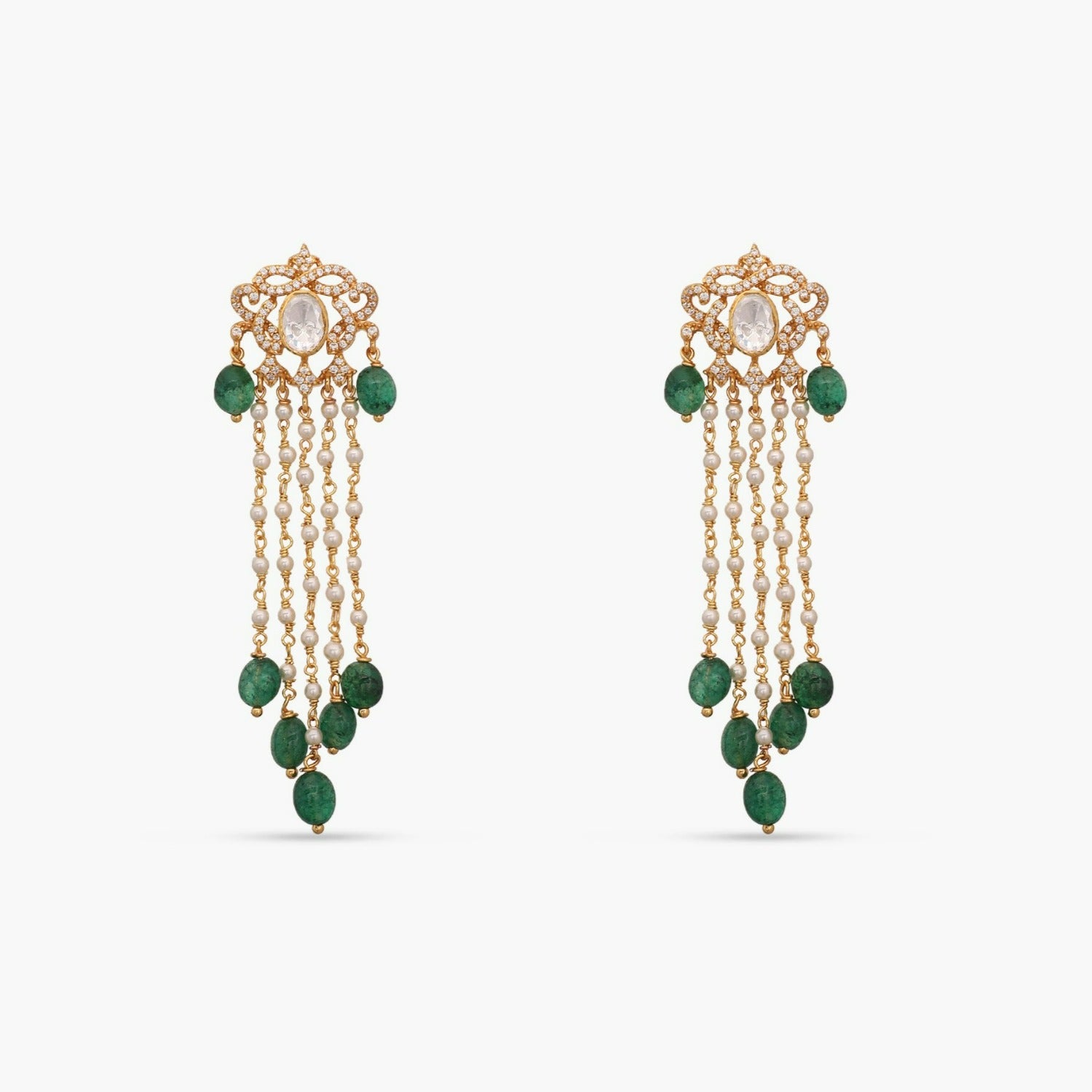 Anya Gold Plated Moissaanite and Pearl Chain Silver Earrings