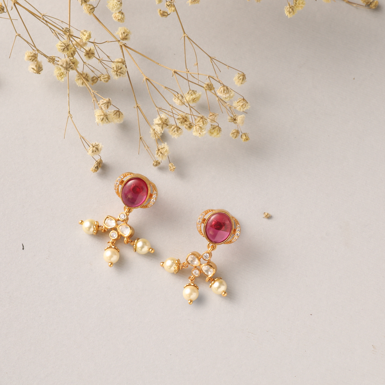 Red Hues Moissanite and Pearls Drop Earrings