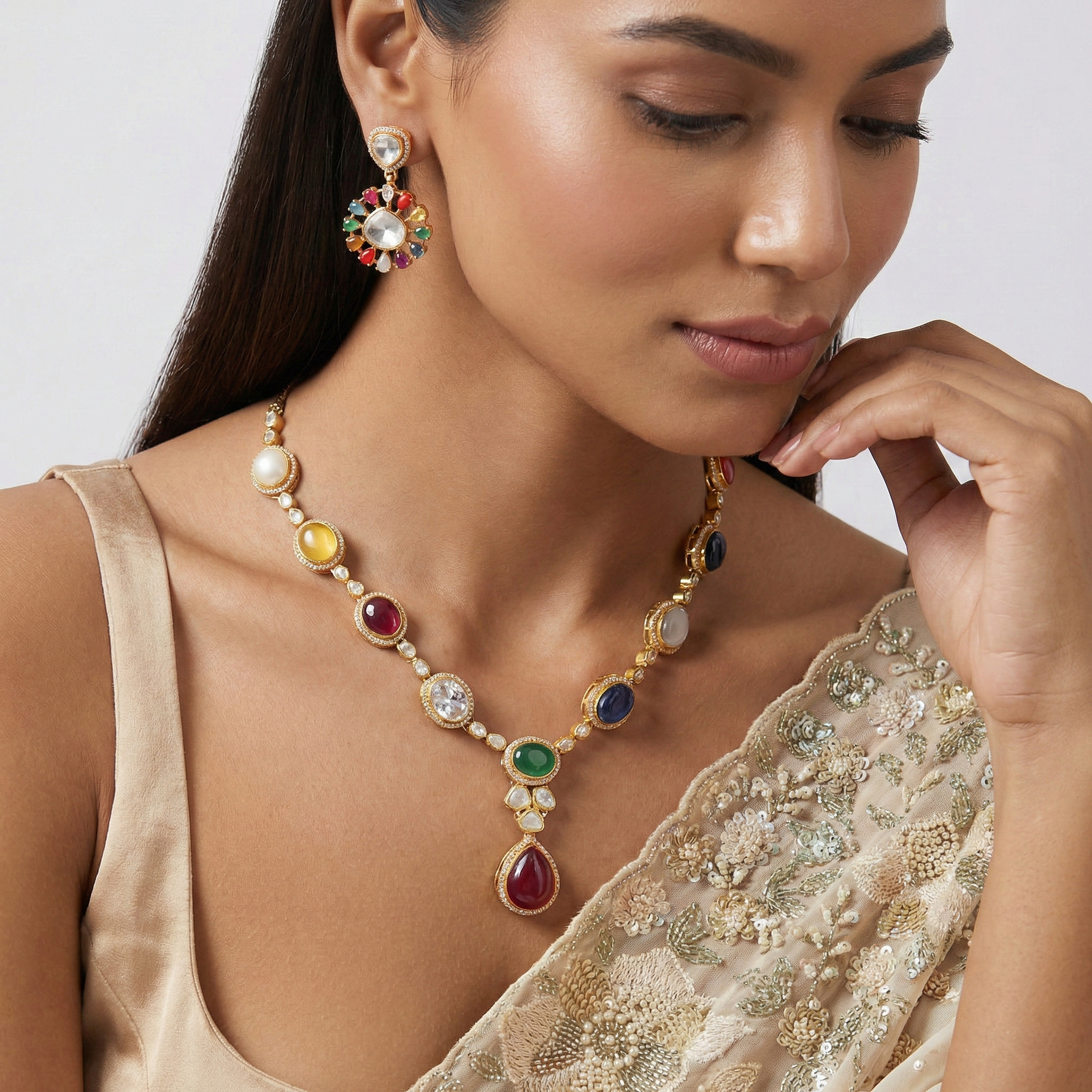 Necklaces Navaratna and Moissanites Brilliance Silver Necklace