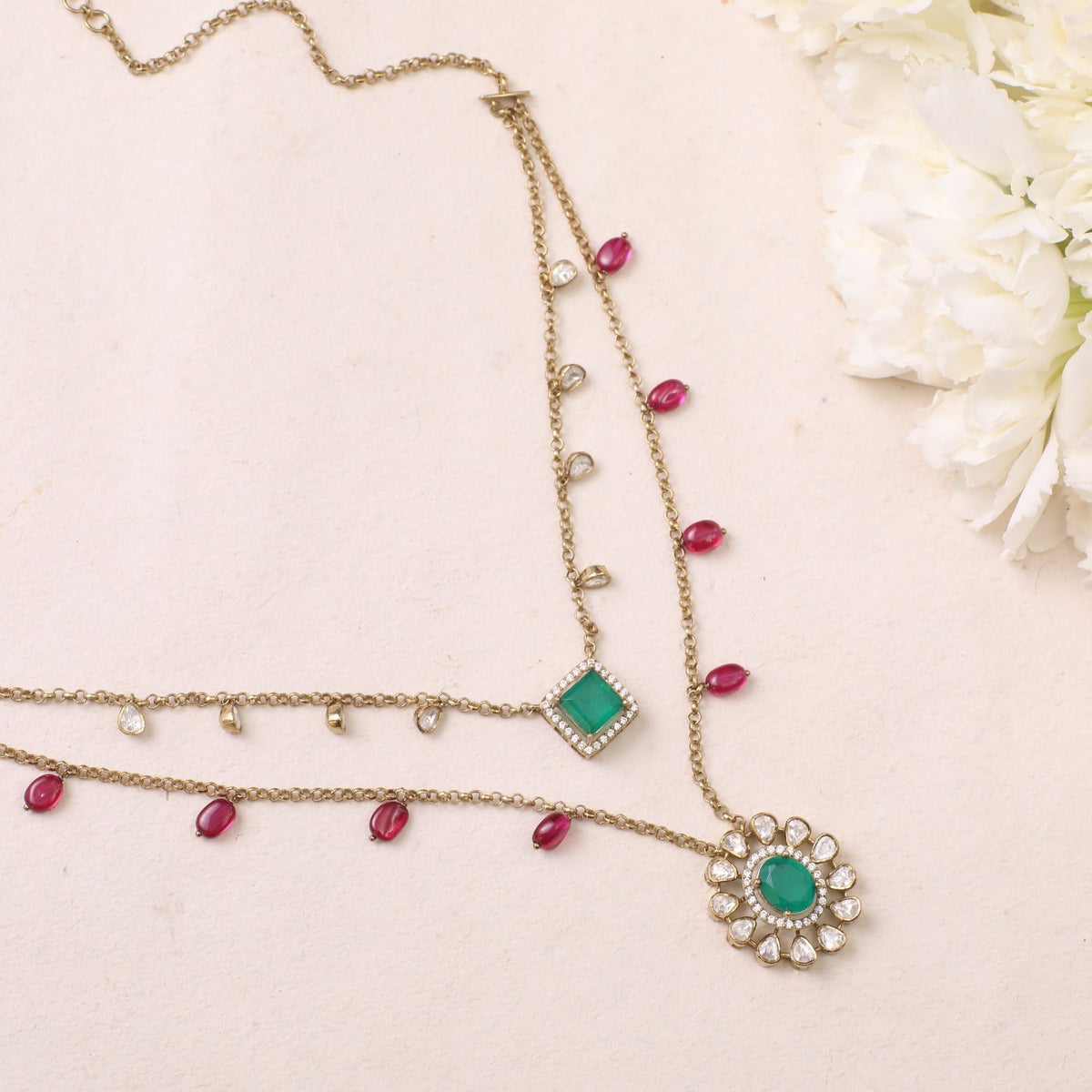 Necklace Aarzoo Moissanites and Gemstone Silver Layered Necklace