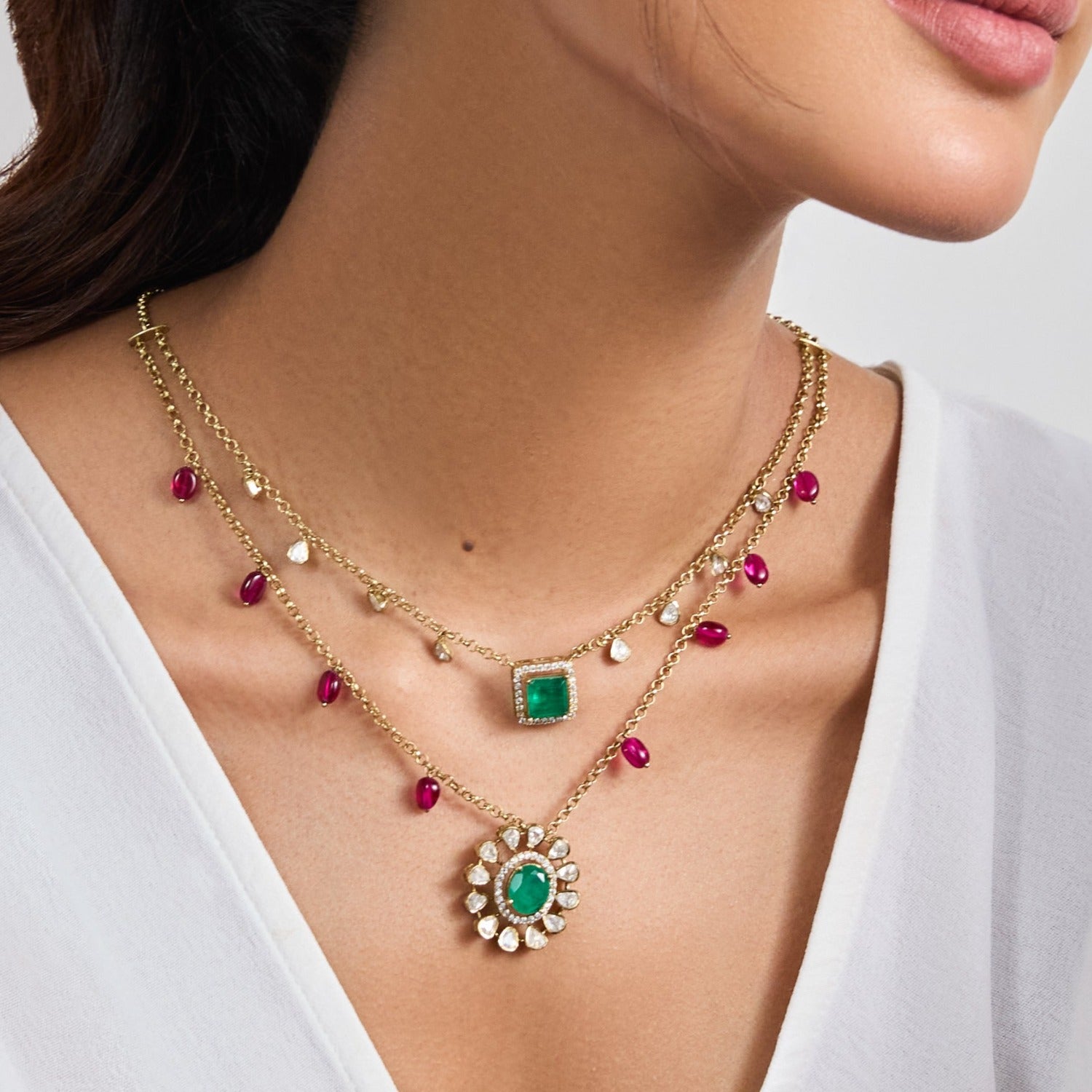 Aarzoo Moissanites and Gemstone Silver Layered Necklace