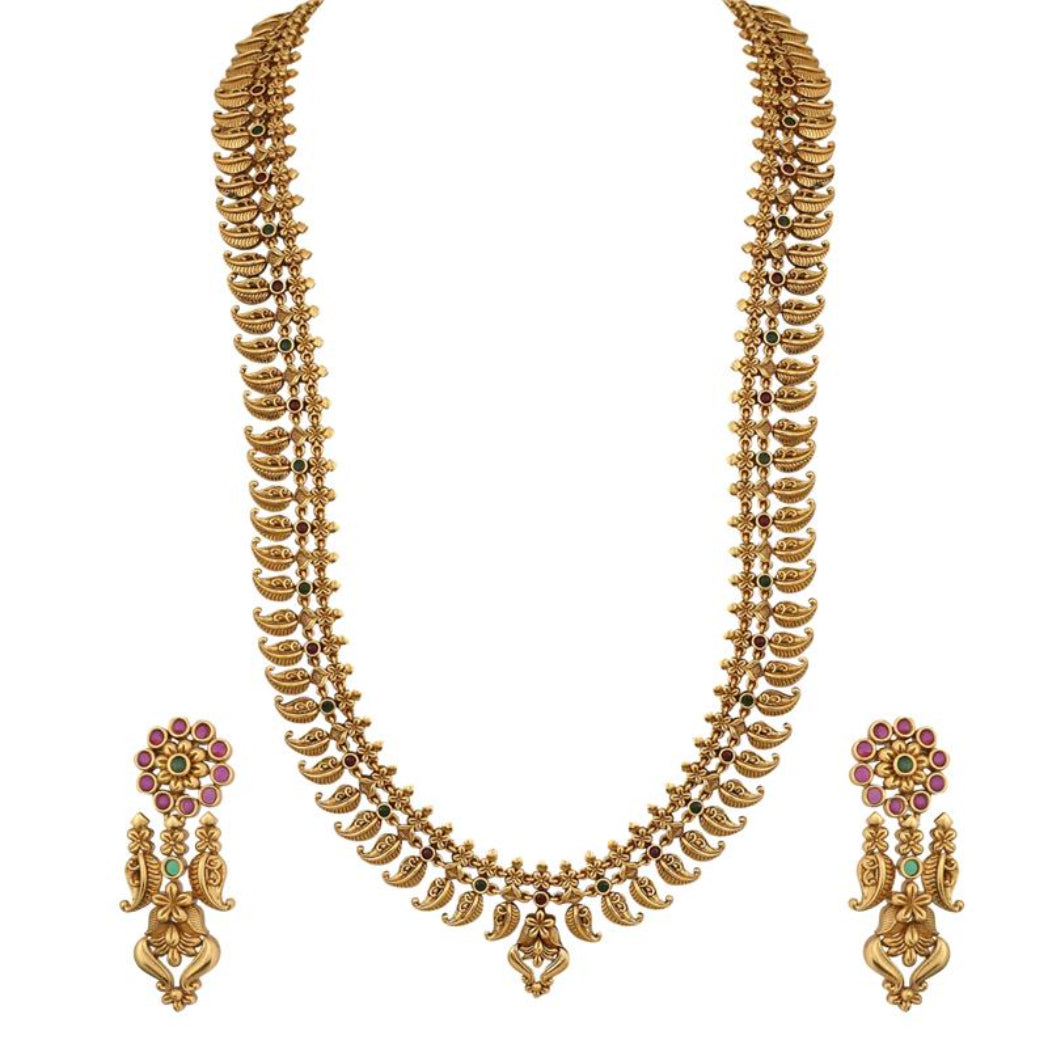 Necklaces Swara Mango Motif Silver Long Necklace Set