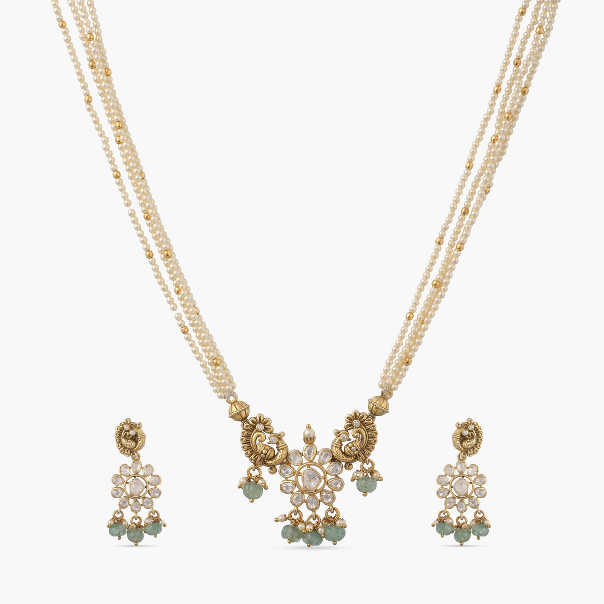 Pearl-Adorned Peacock  Silver Moissanite Necklace Set