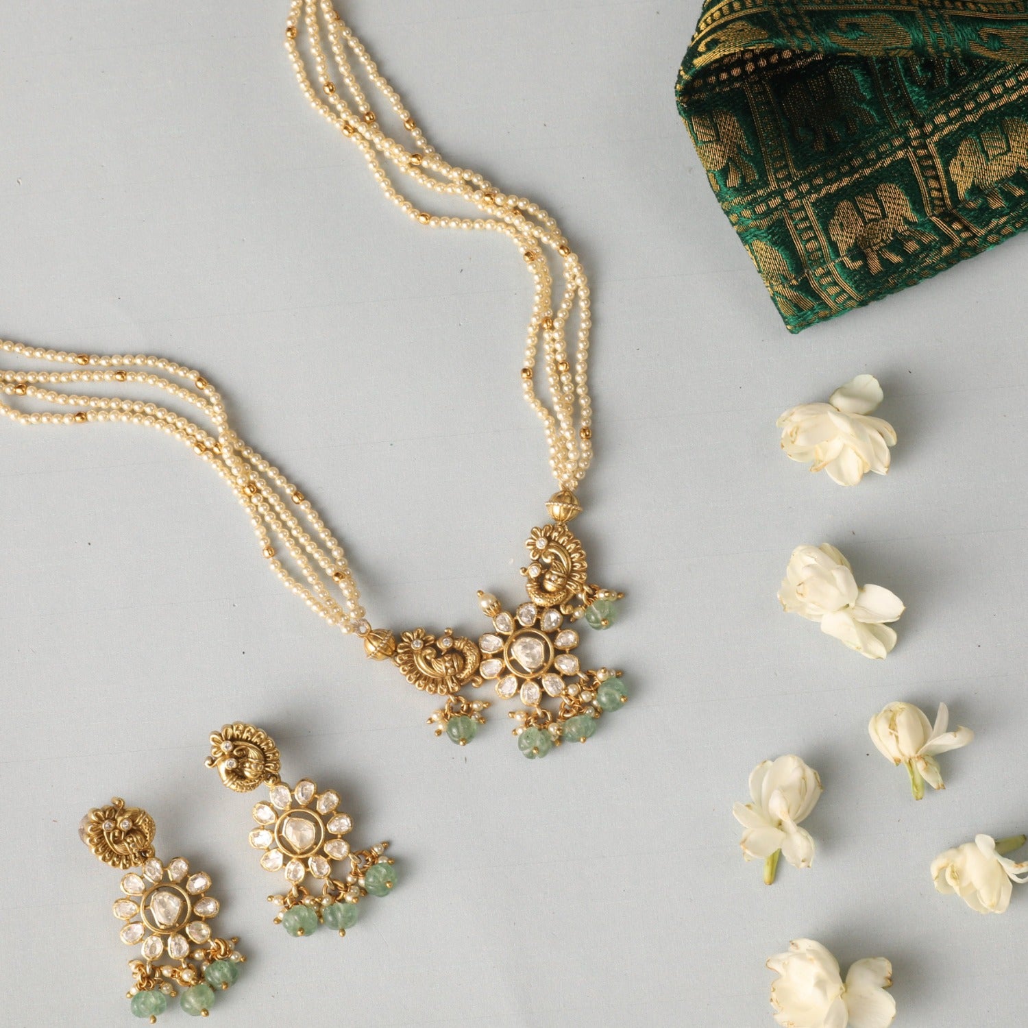 Pearl-Adorned Peacock  Silver Moissanite Necklace Set