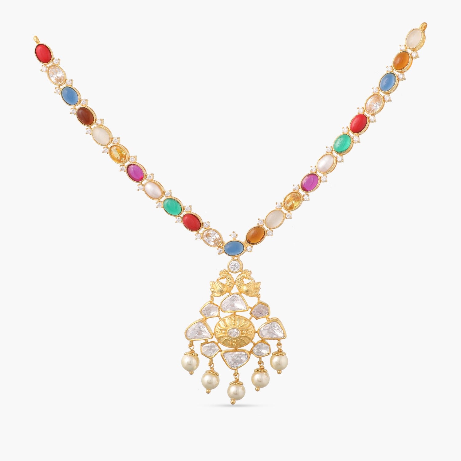 Moissanites and Peacock Motif Navratna Silver Necklace