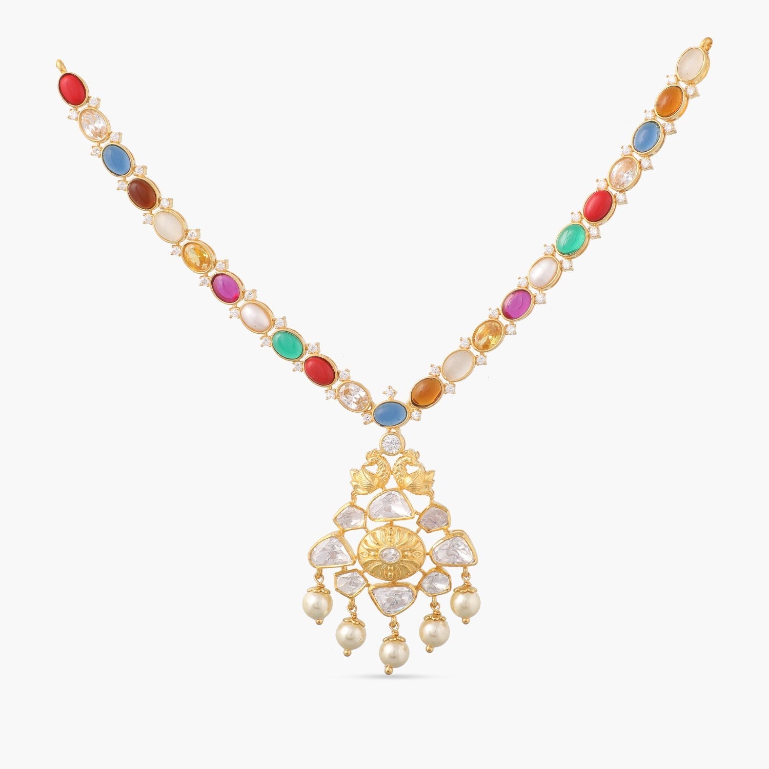 Necklaces Moissanites and Peacock Motif Navaratna Silver Necklace