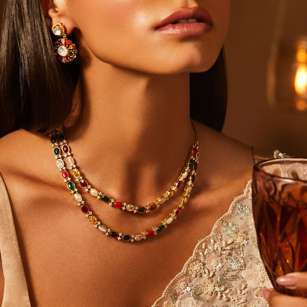  Cosmic Navratna Radiance Layered Silver Necklace