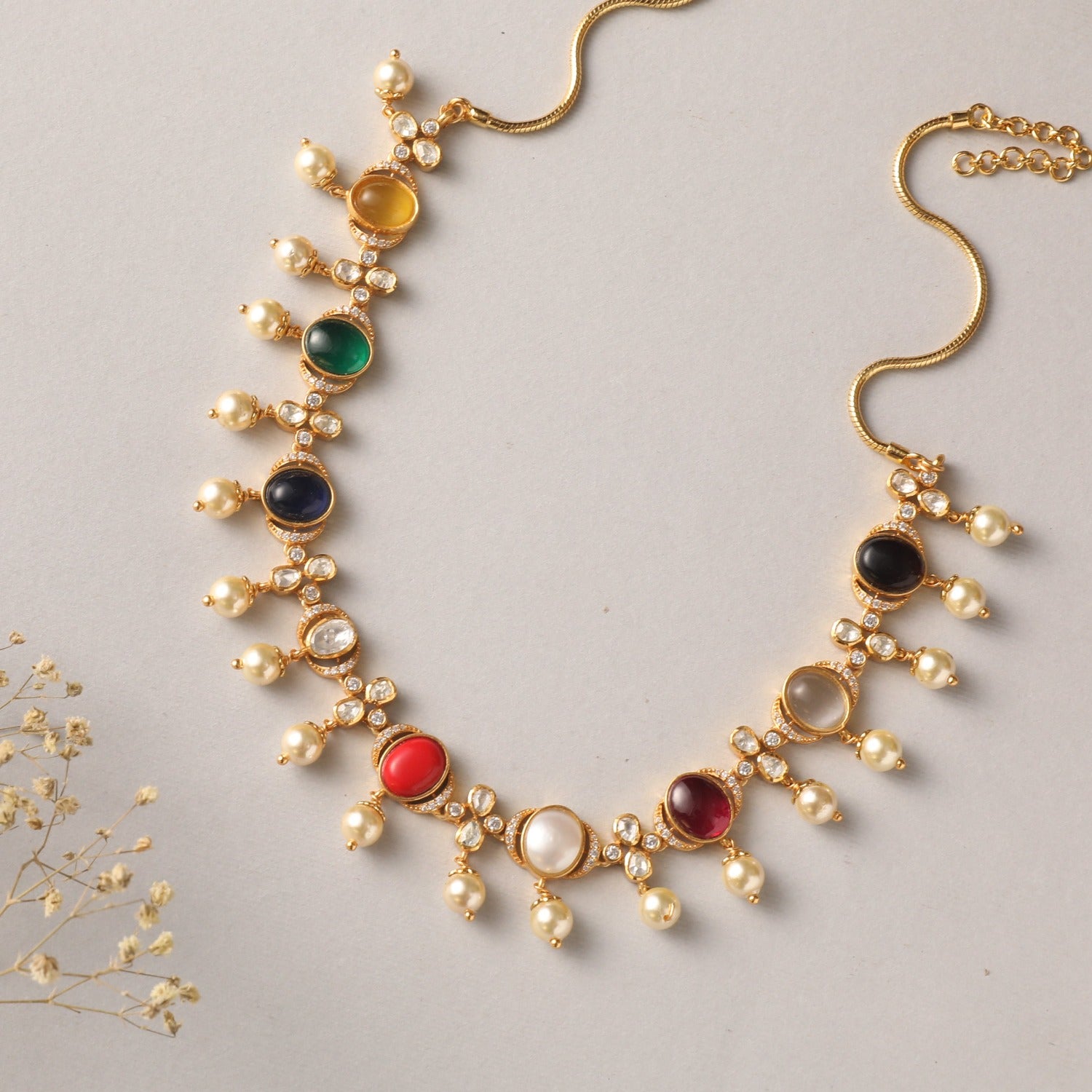 Necklaces Navaratna and Pearl Elegance Silver Necklace