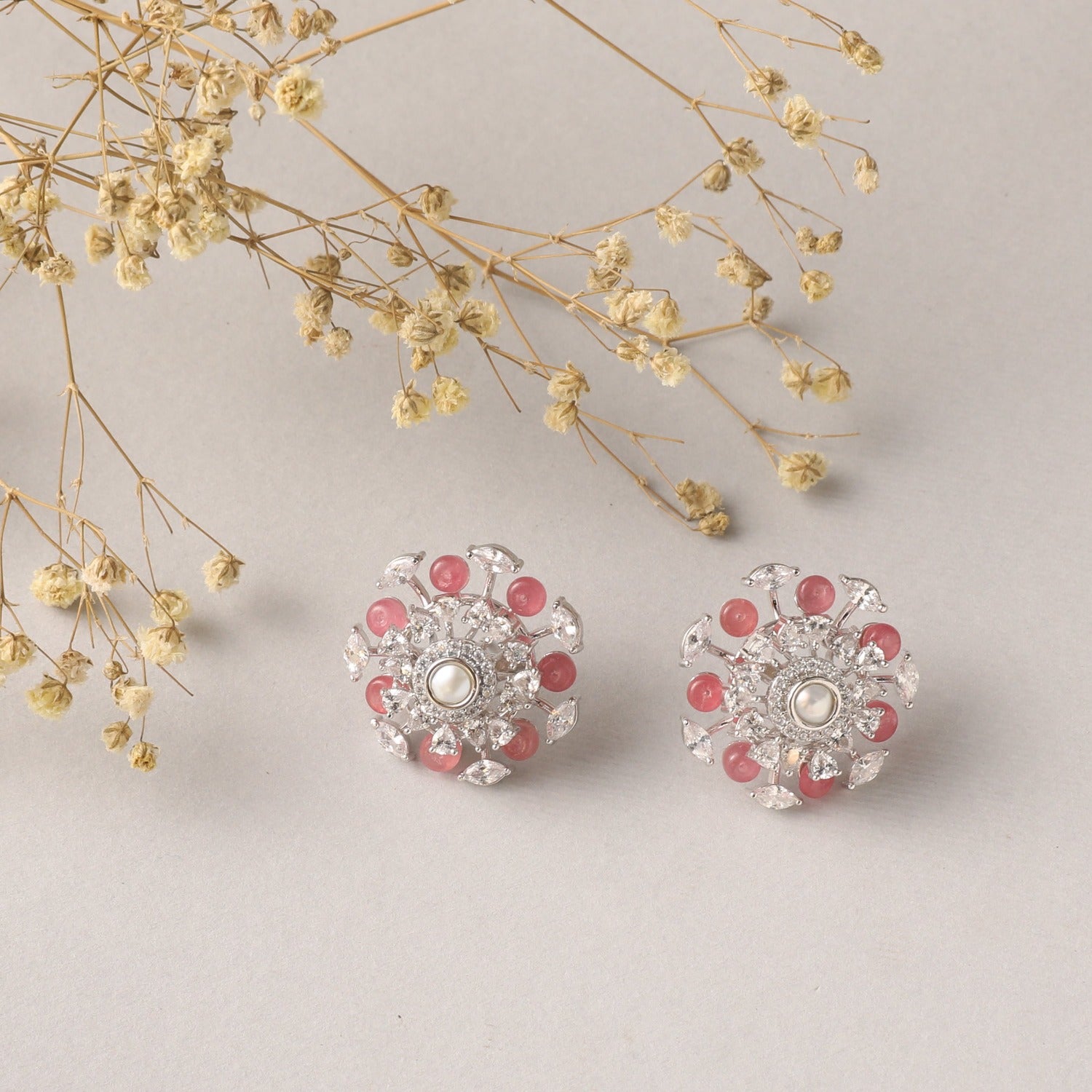Timeless Pink Sparkle Silver CZ Studs Earrings