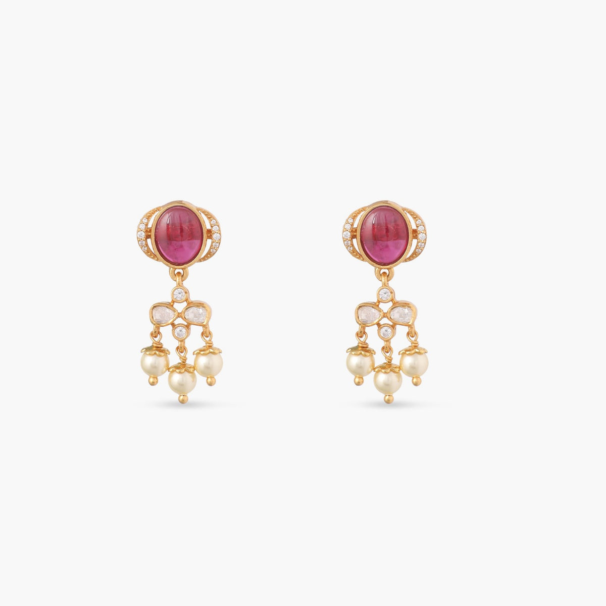 Red Hues Moissanite and Pearls Drop Earrings