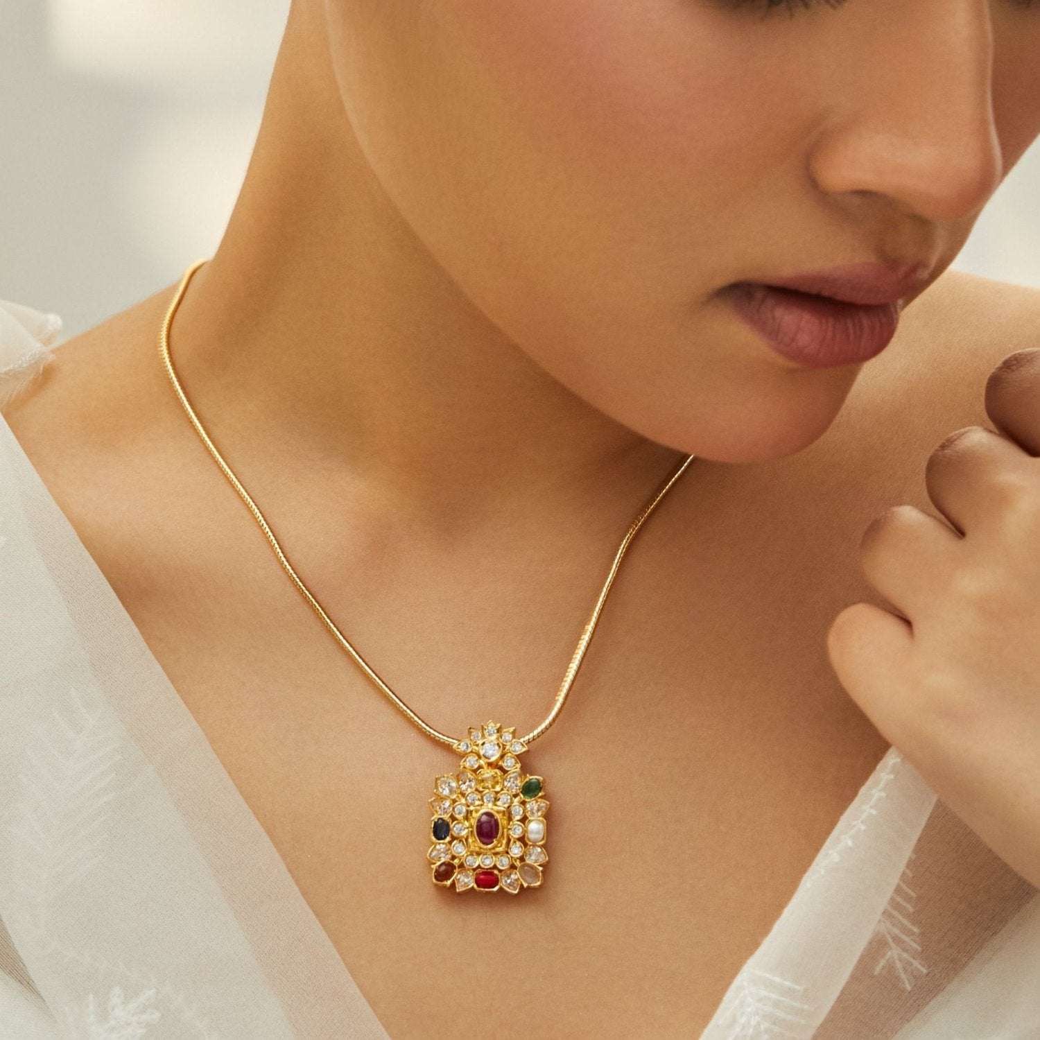 Pendants Radiant Harmony Navaratna Silver Pendant Necklace