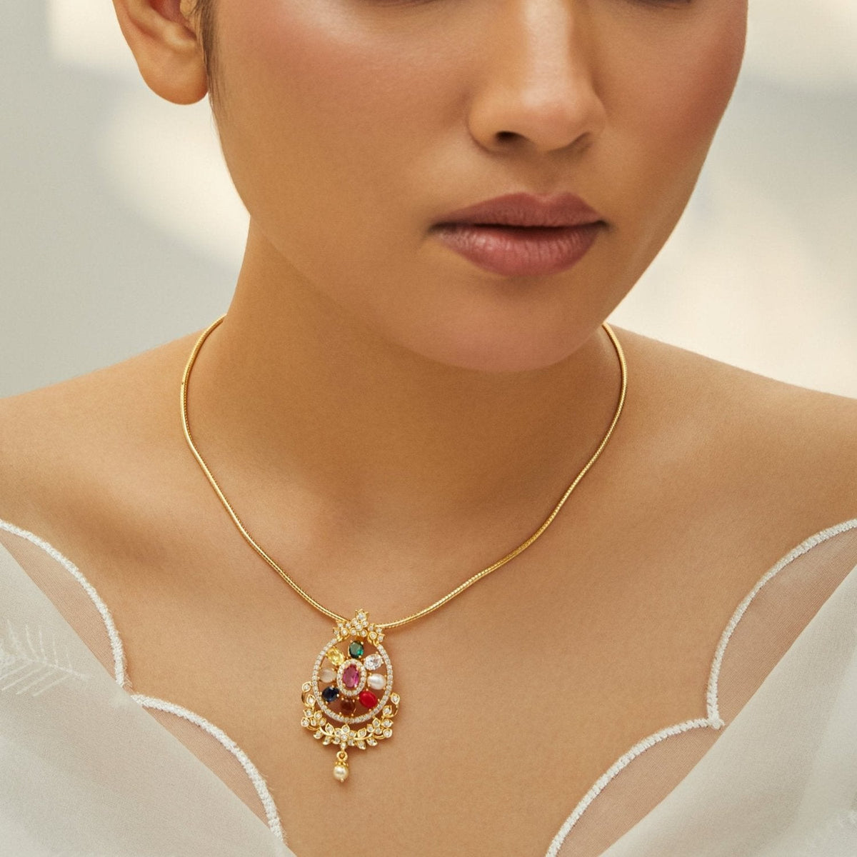 Pendants Vasudha Navaratna Silver Pendant Necklace