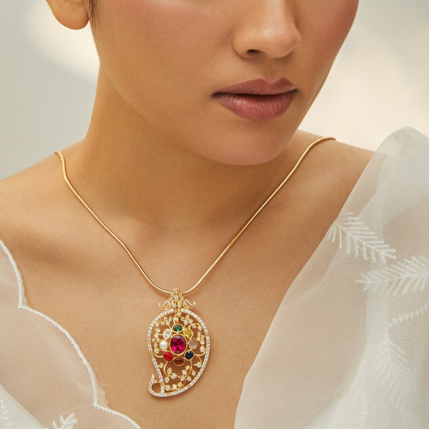 Pendants Majestic Navaratna Silver Pendant Necklace