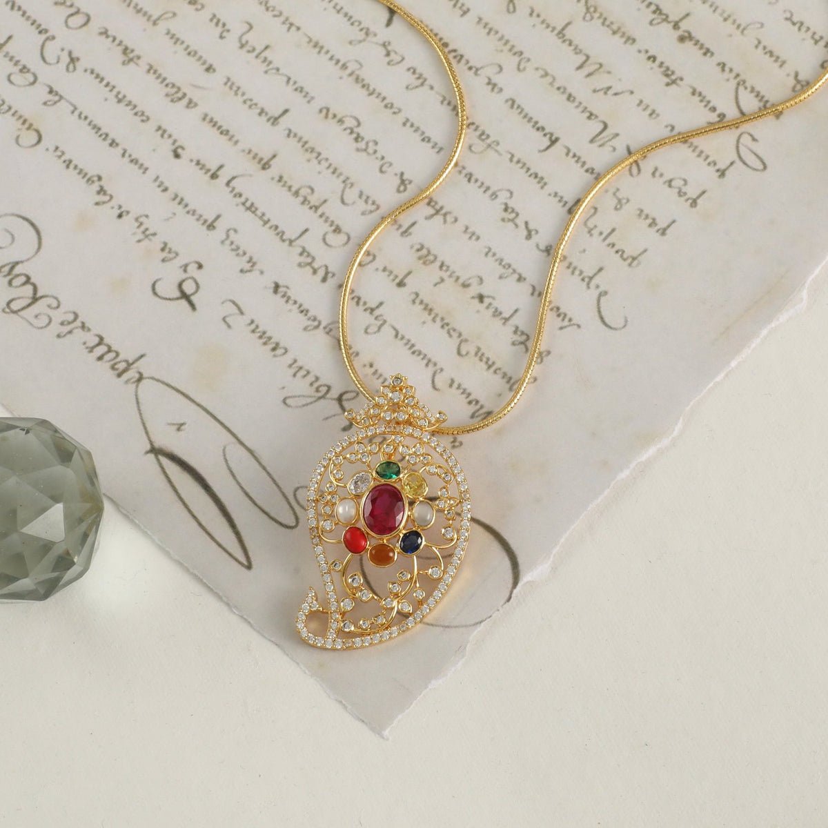 Majestic Navaratna Silver Pendant Necklace