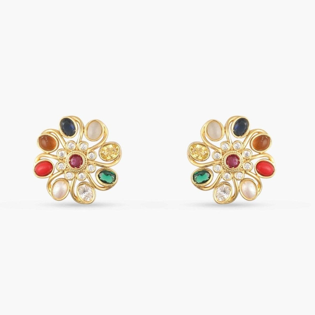 Floral Elegance Navaratna Stud Earrings