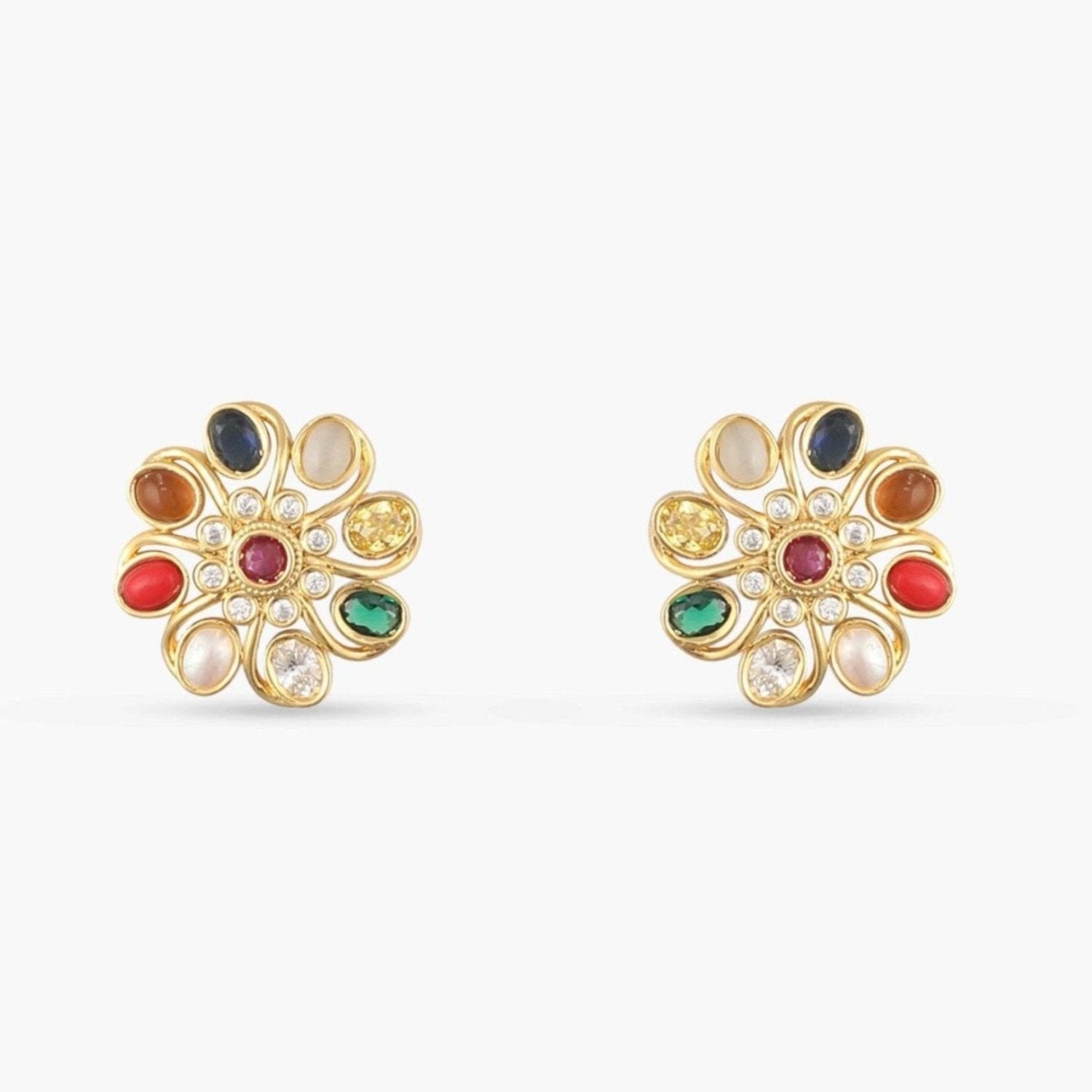 Floral Elegance Navaratna Stud Earrings