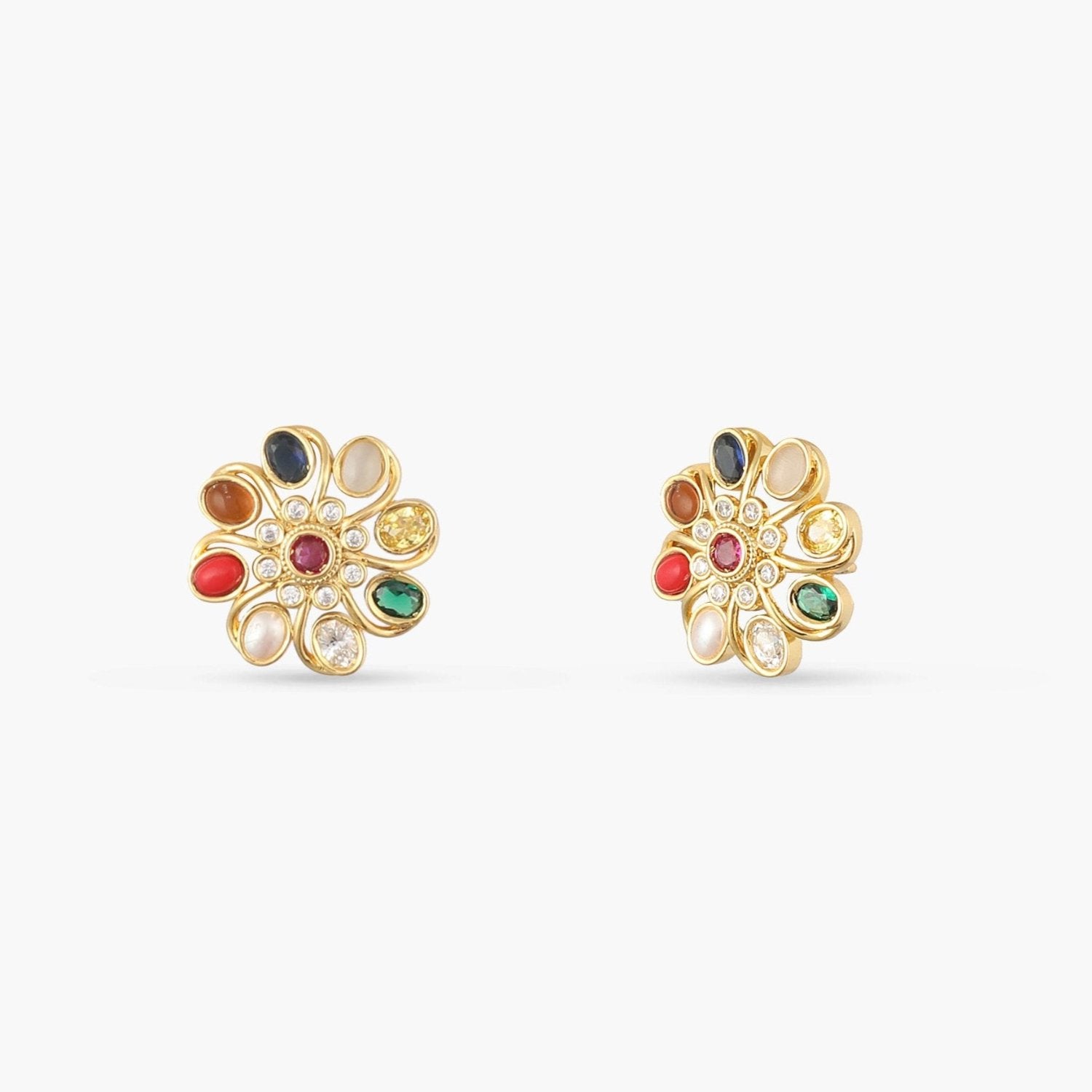 Floral Elegance Navaratna Stud Earrings