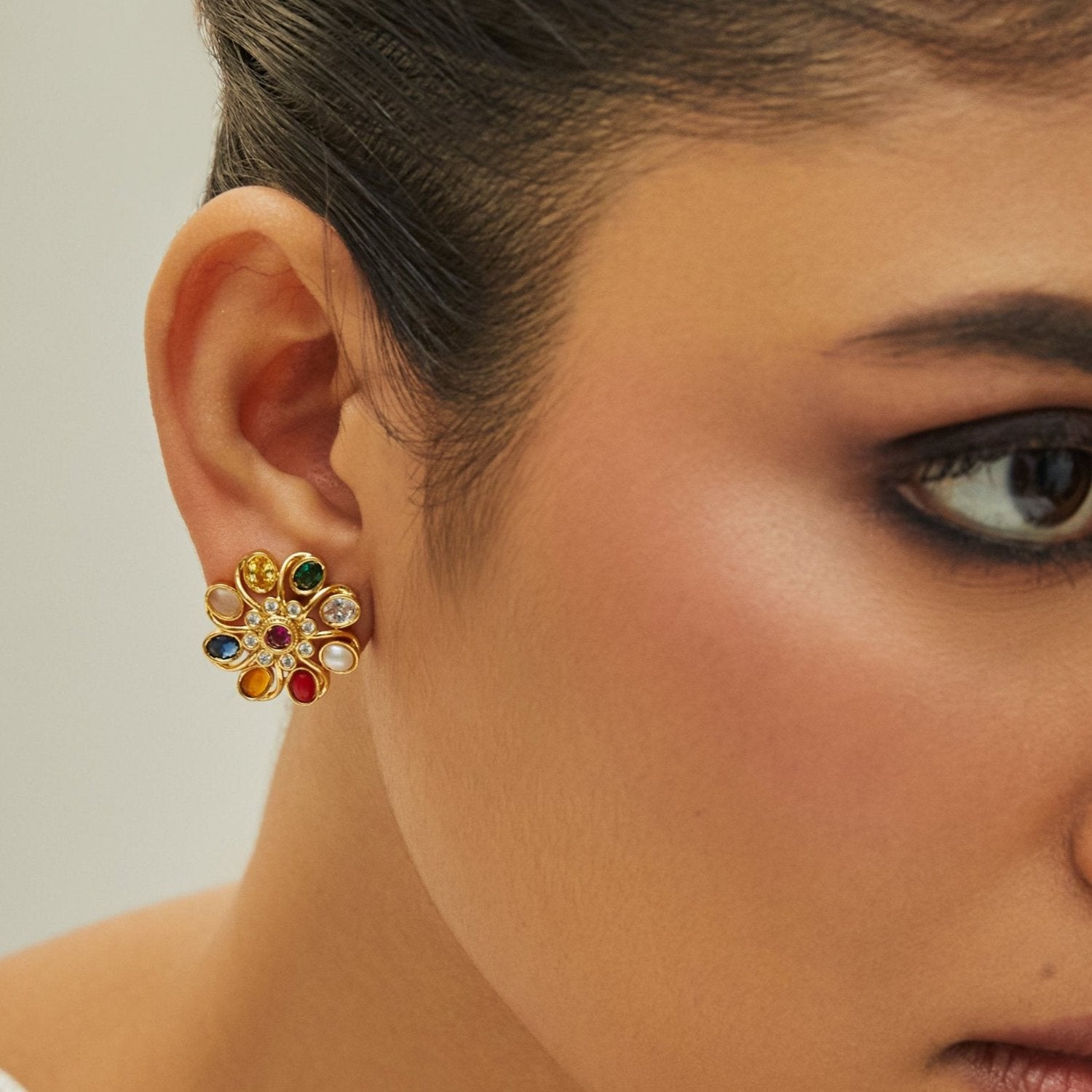 Floral Elegance Navaratna Stud Earrings