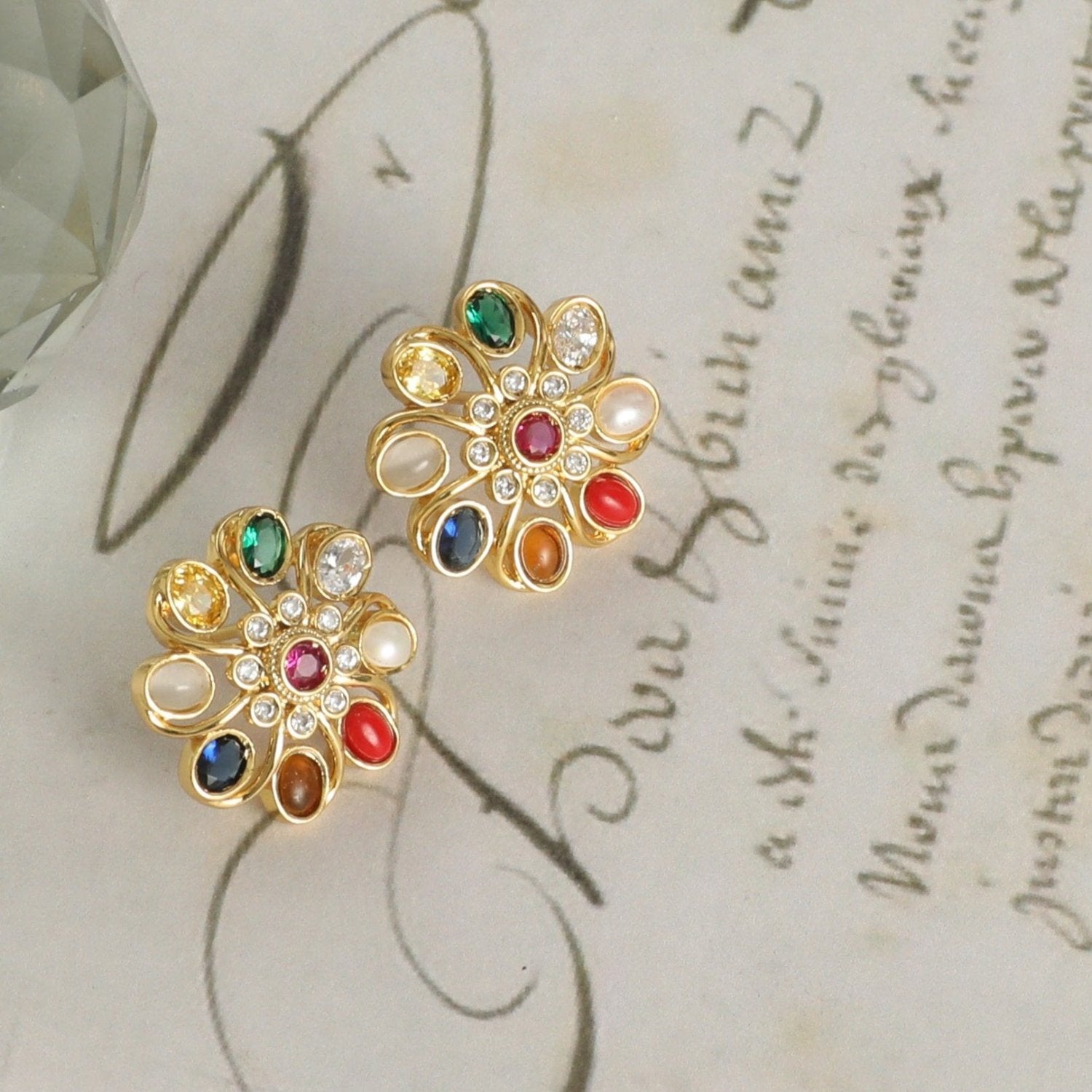 Floral Elegance Navaratna Stud Earrings