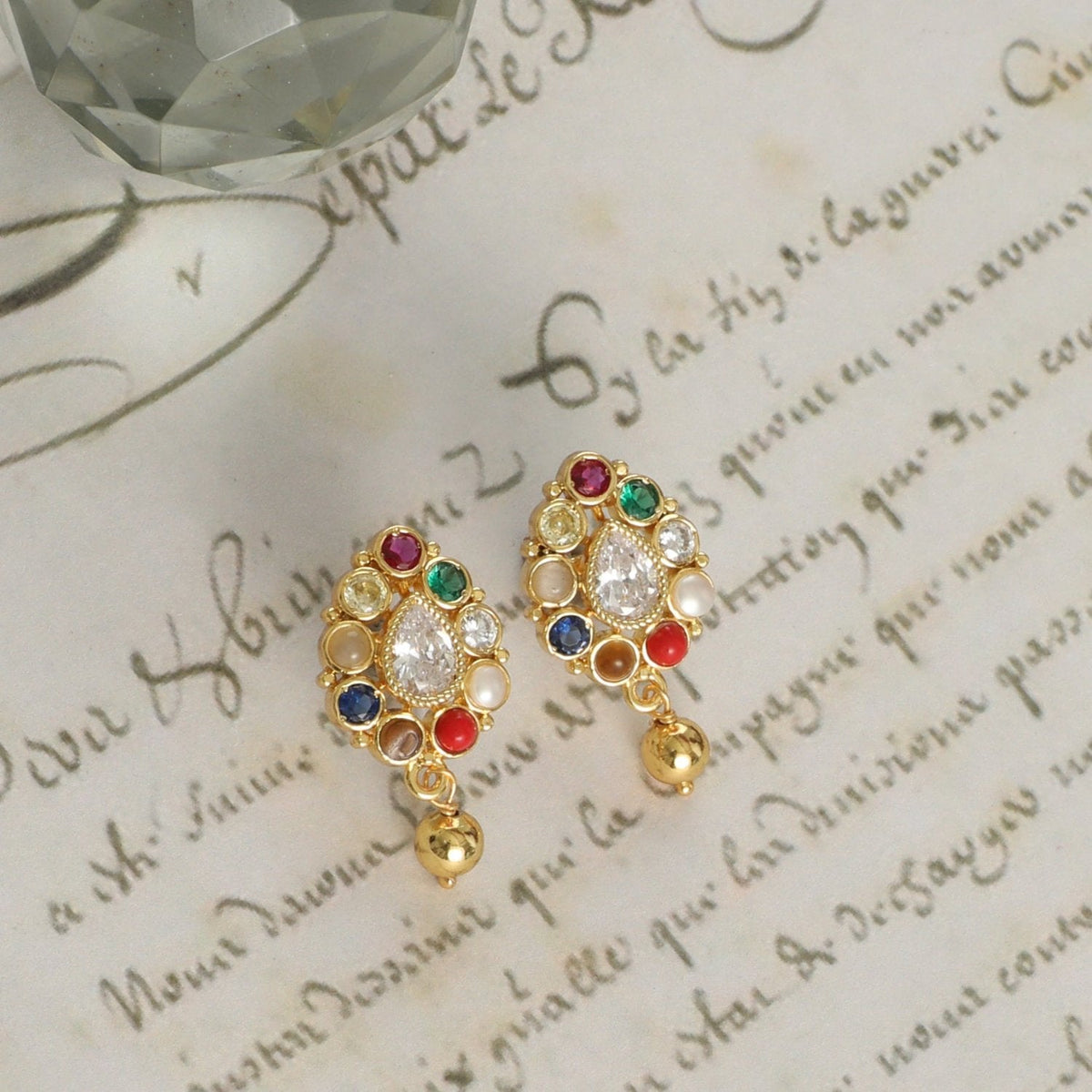Earrings Navaratna Charm Silver Stud Earrings