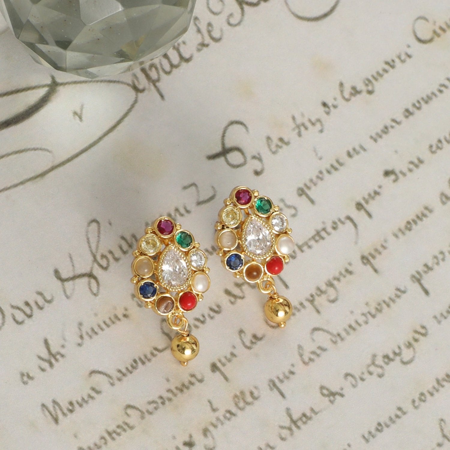 Earrings Navaratna Charm Silver Stud Earrings