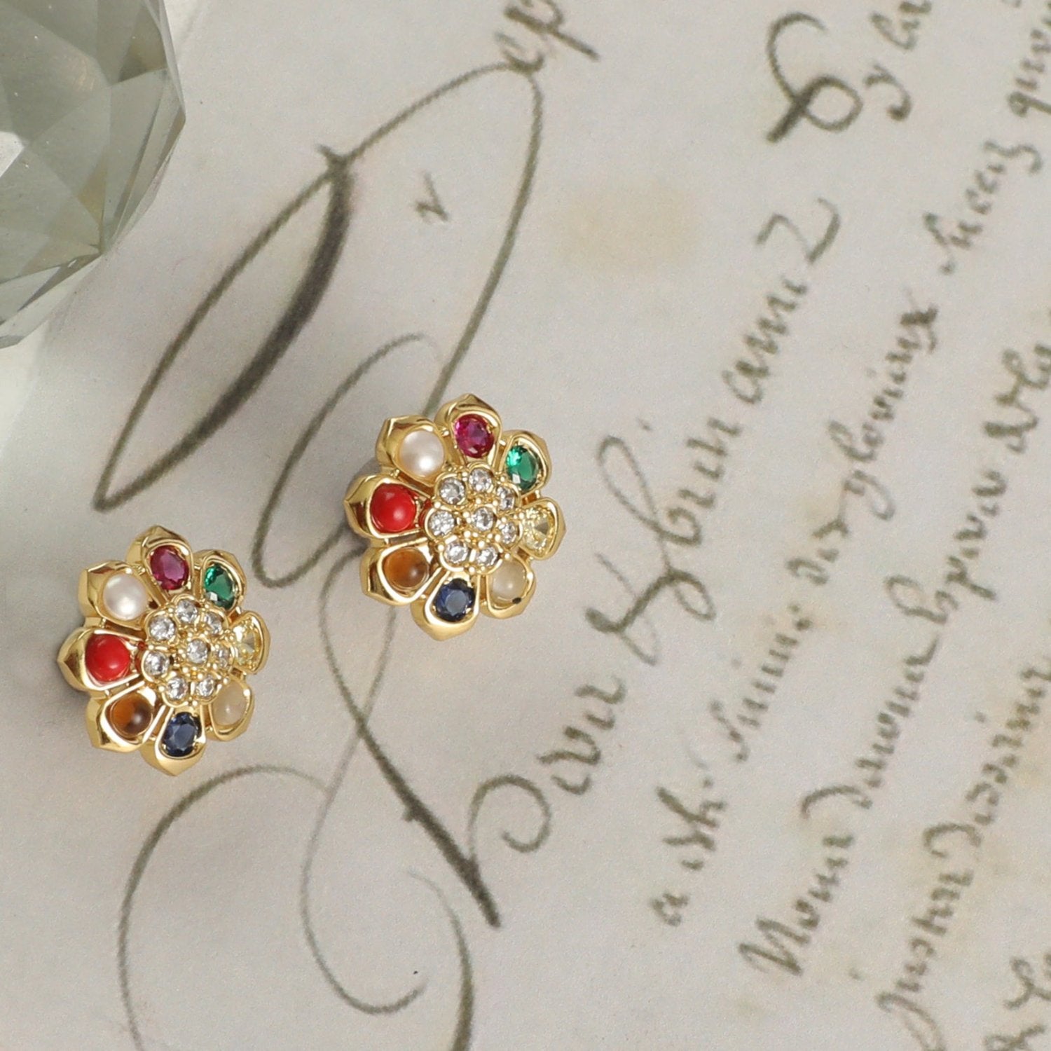 Earrings Navaratna Blossom Silver Stud Earrings
