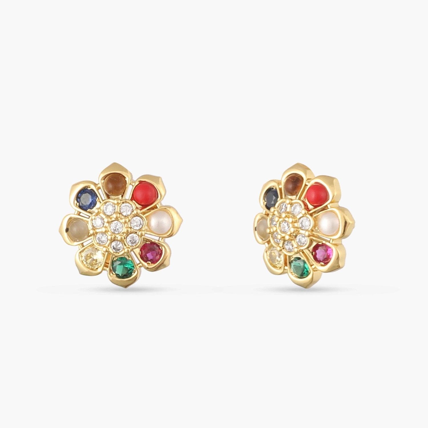 Navaratna Blossom Silver Stud Earrings