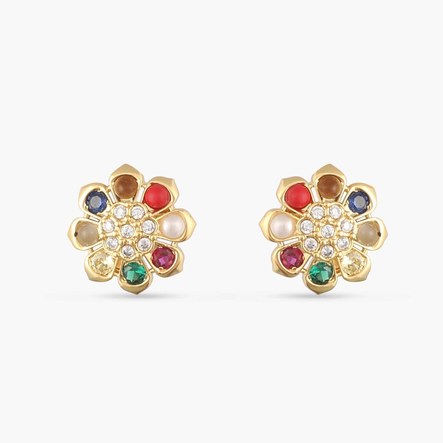 Navaratna Blossom Silver Stud Earrings