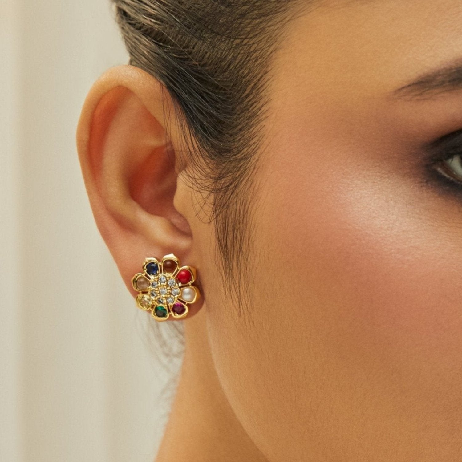 Navaratna Blossom Silver Stud Earrings