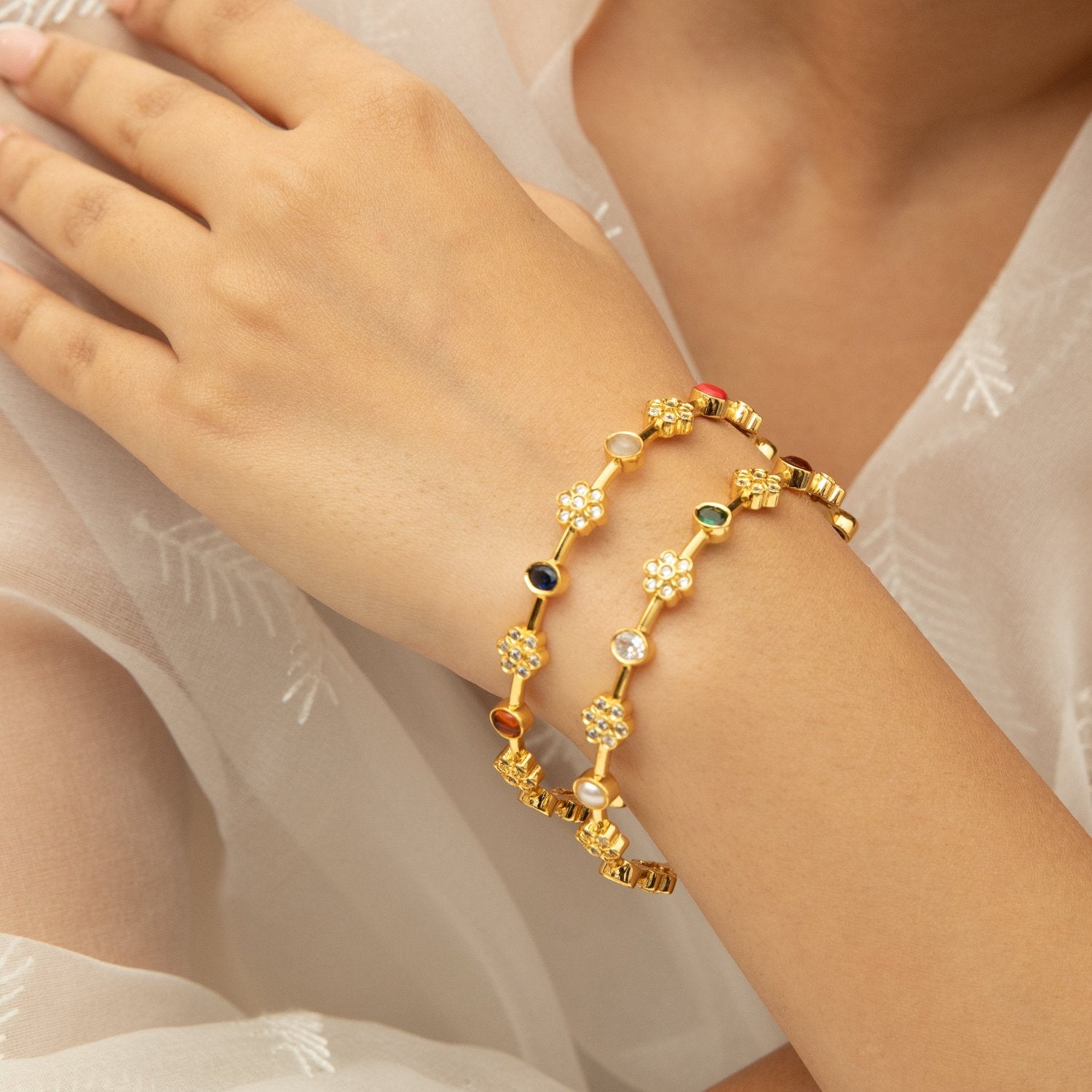 Bangles Floral Charm Navaratna Silver Bangles