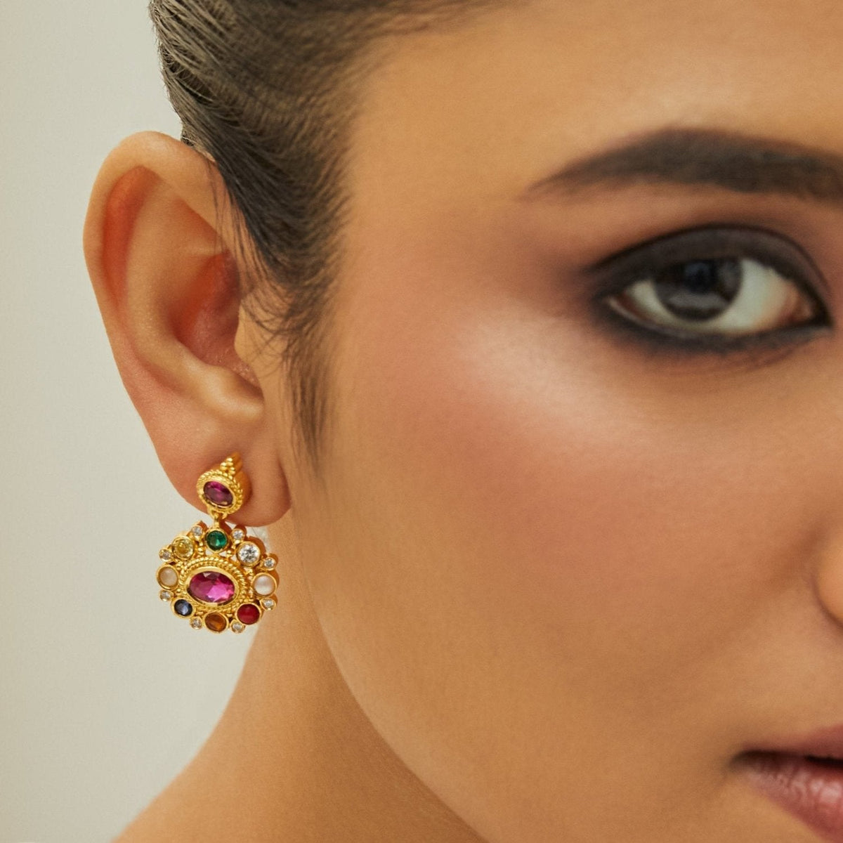 Earrings Rupa Navaratna Maroon Silver Drop Earrings