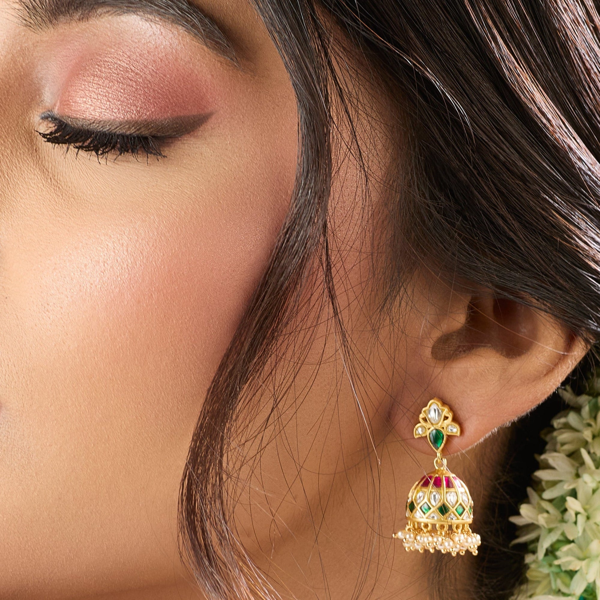 Pushpa Kempu Jadau Silver Jhumka Earrings