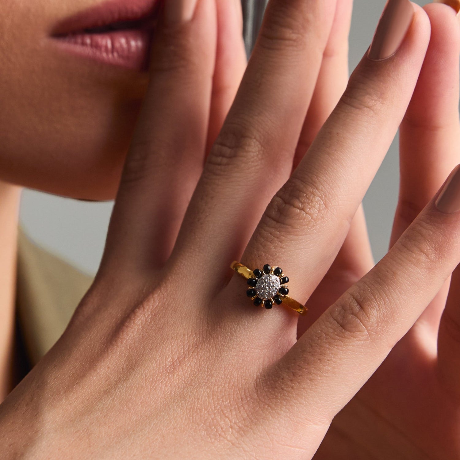 Delicate Floral CZ Silver Black Bead Ring