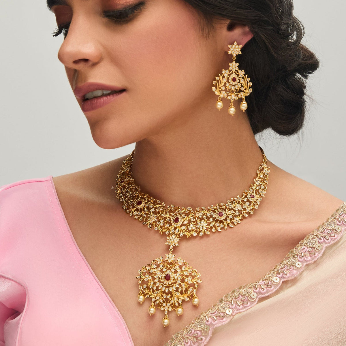 Necklaces Phagun CZ Silver Necklace Set