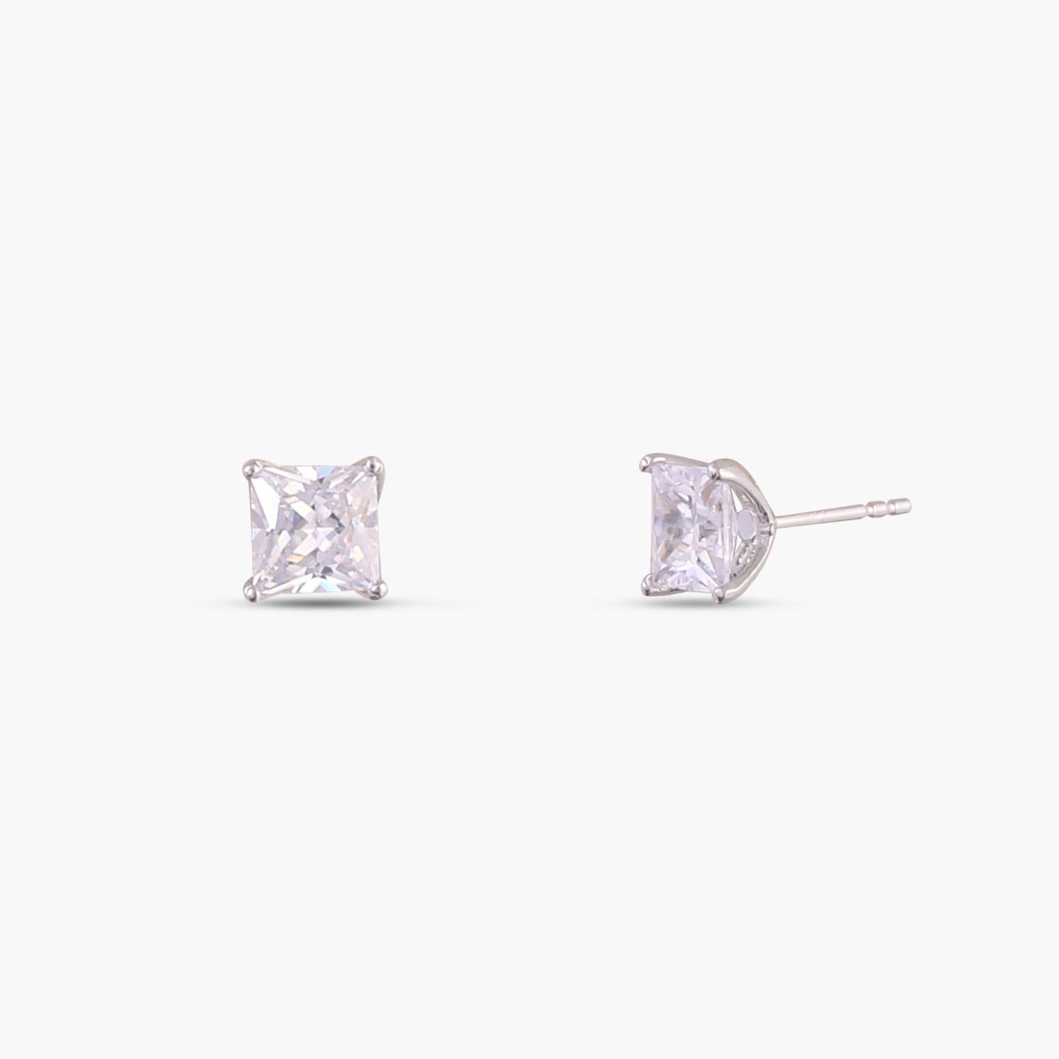 Classic Princess Cut CZ  Solitaire Silver Stud Earrings, Medium