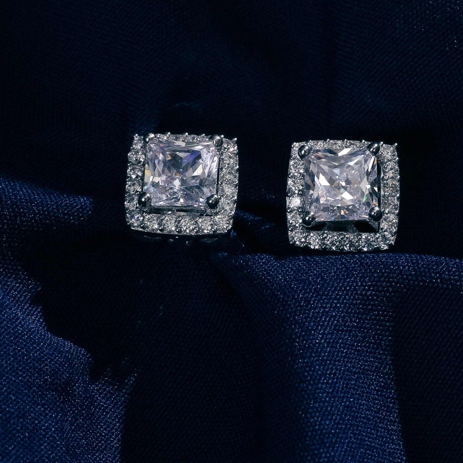 Classic Princess Cut CZ Solitaire and Halo Ear jacket Silver Stud Earrings