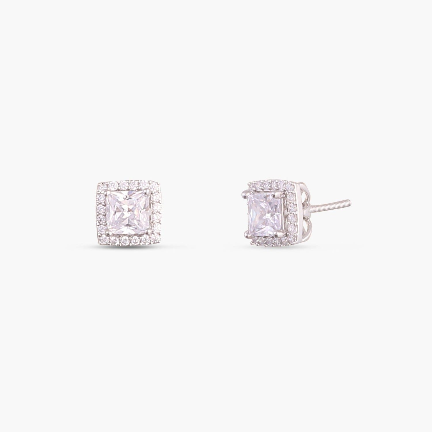 Earrings Classic Princess Cut CZ Solitaire and Halo Ear jacket Silver Stud Earrings