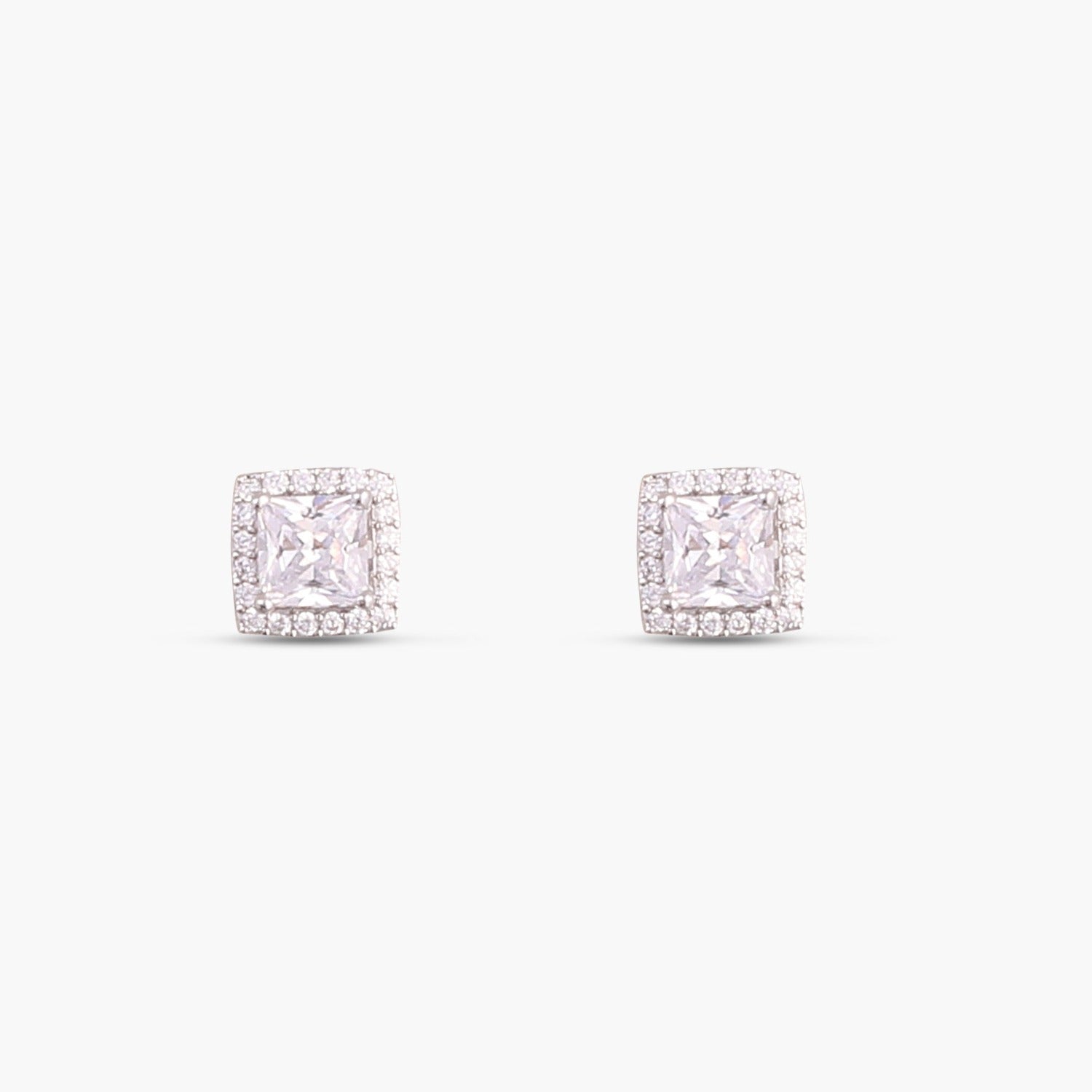 Classic Princess Cut CZ Solitaire and Halo Ear jacket Silver Stud Earrings
