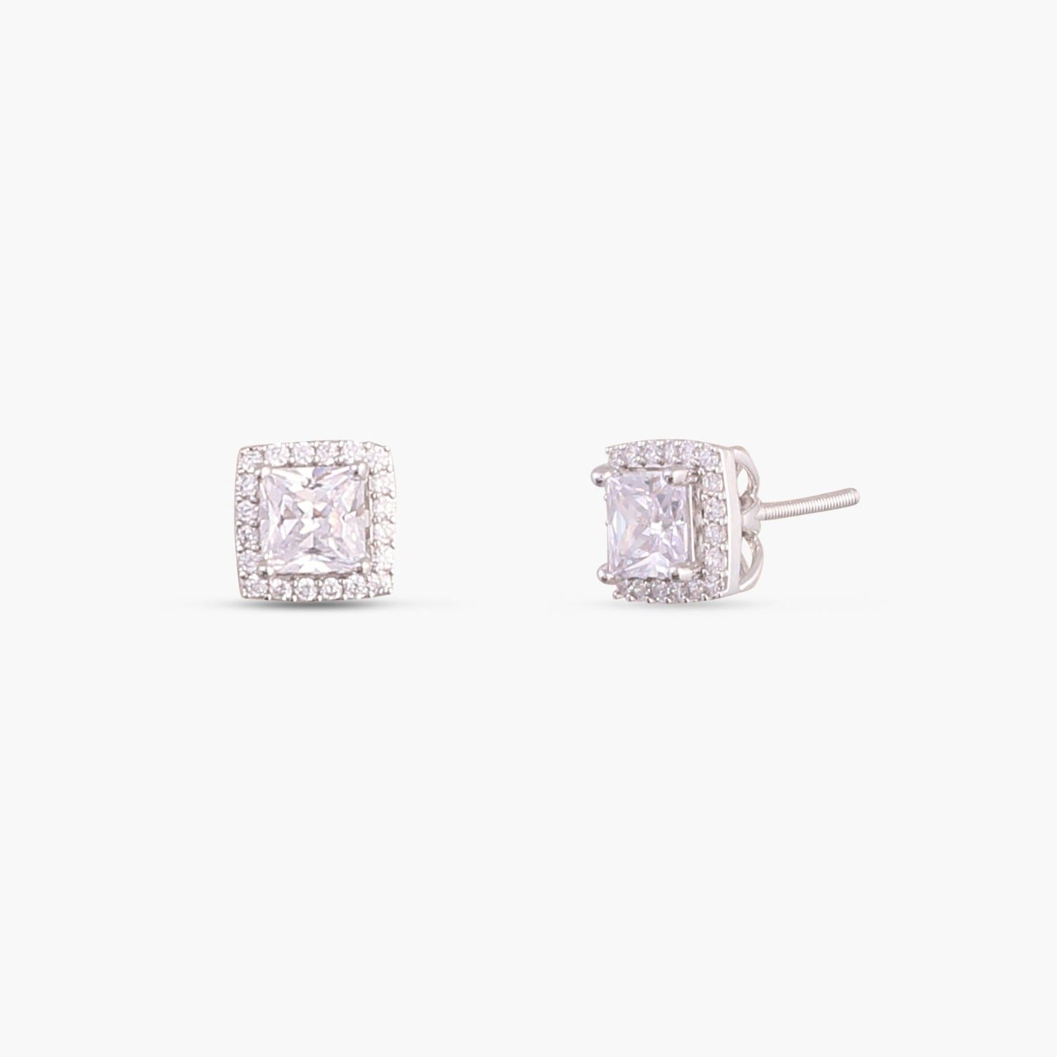 Classic Princess Cut CZ Solitaire and Halo Ear jacket Silver Stud Earrings
