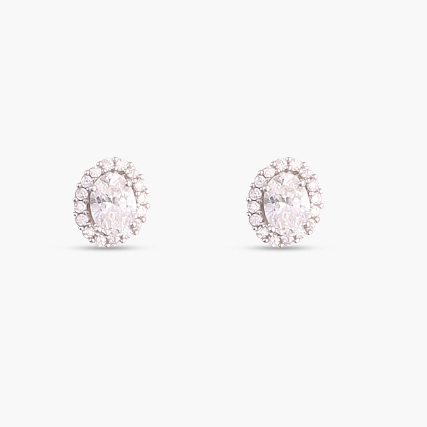Oval CZ Solitaire and Halo Ear jacket Silver Stud Earrings