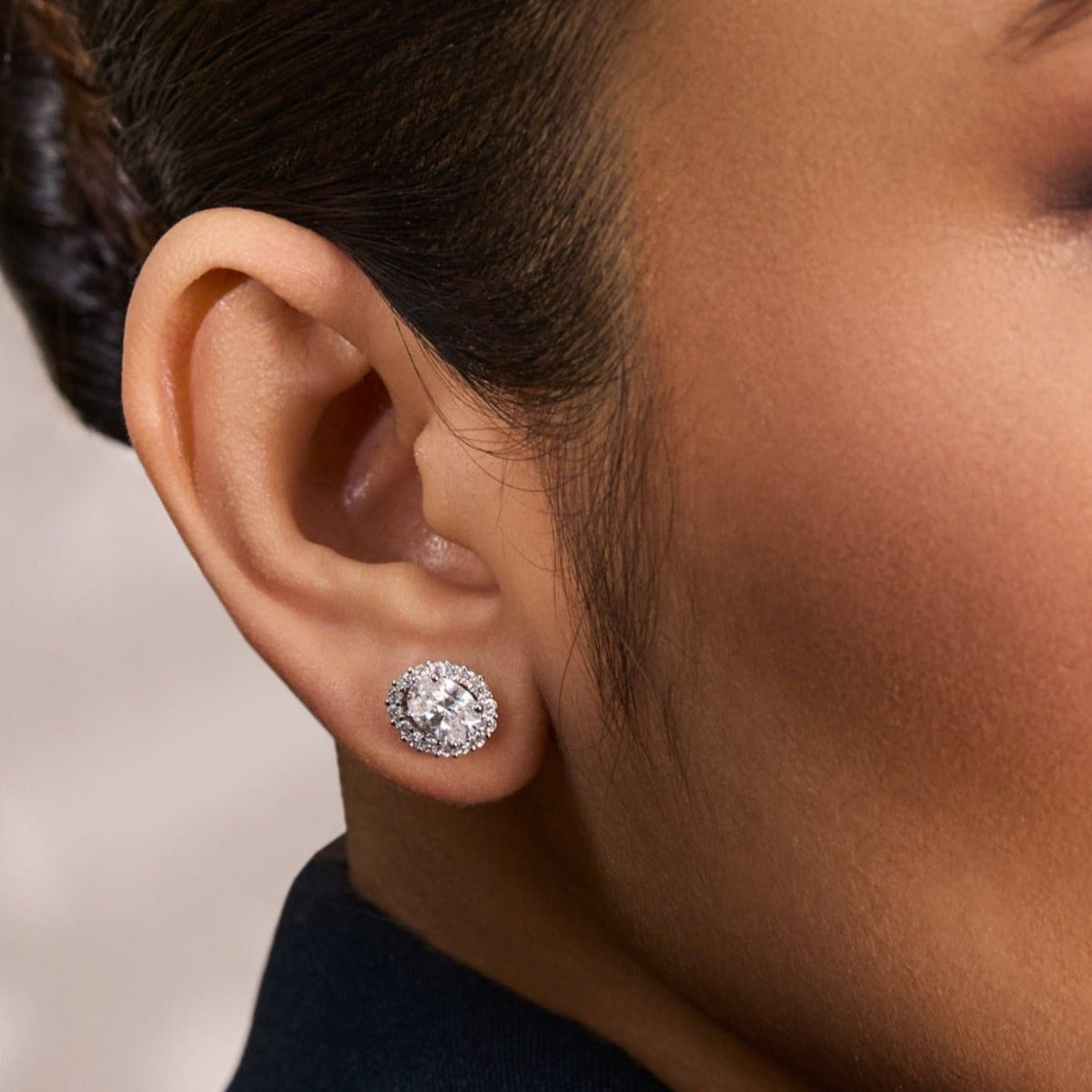 Earrings Oval CZ Solitaire and Halo Ear jacket Silver Stud Earrings