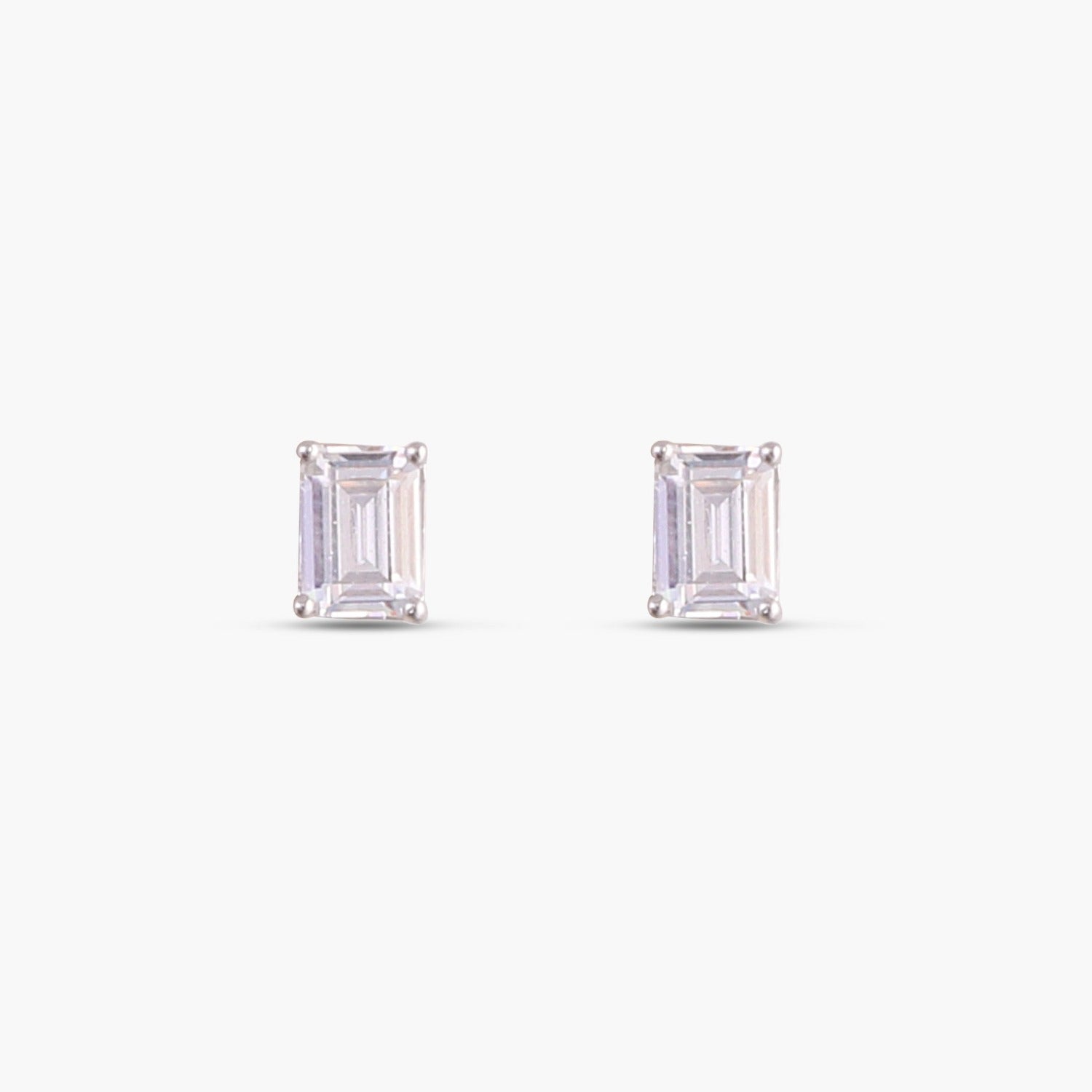 Classic Emerald cut CZ Solitaire Silver Stud Earrings, Small