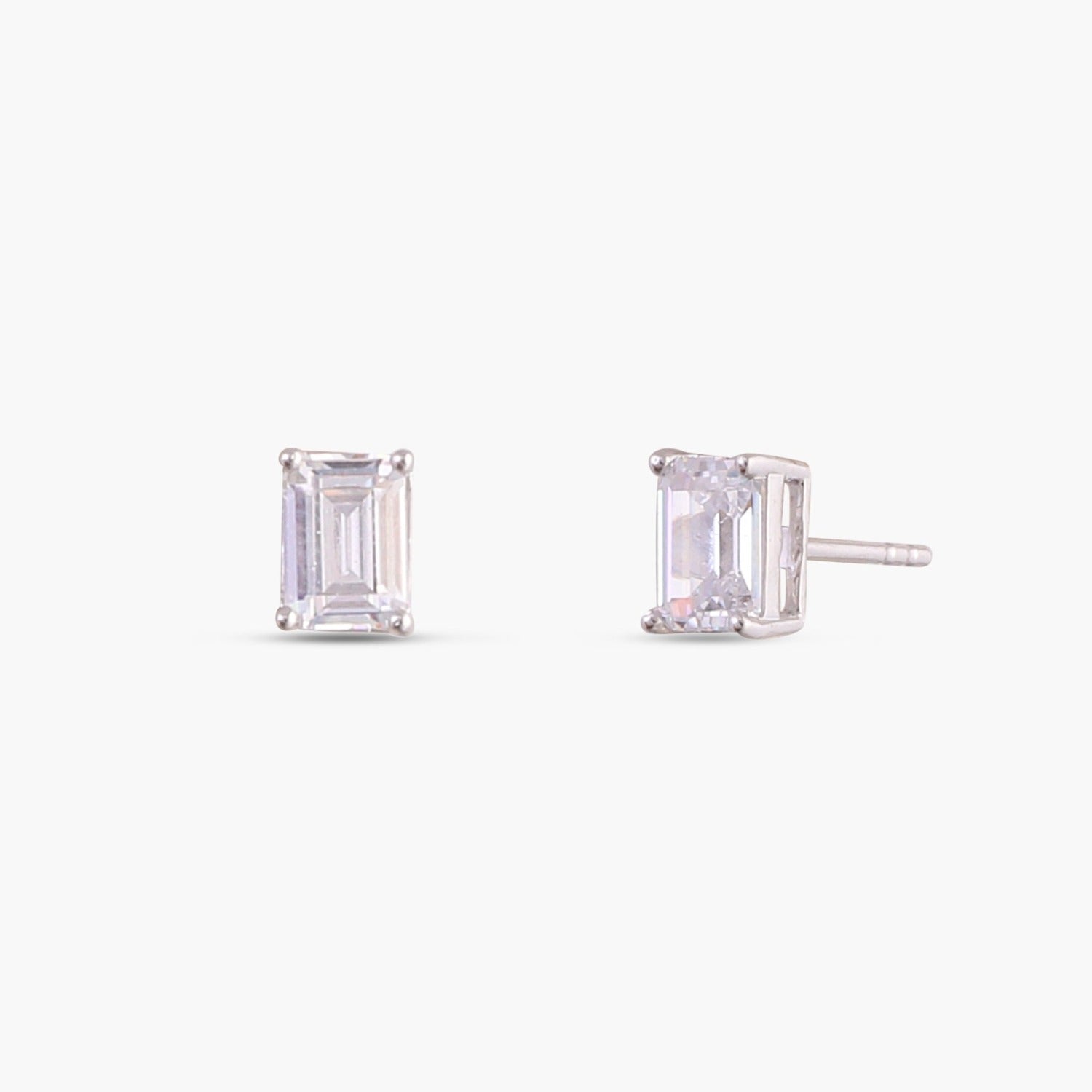 Classic Emerald cut CZ Solitaire Silver Stud Earrings, Small