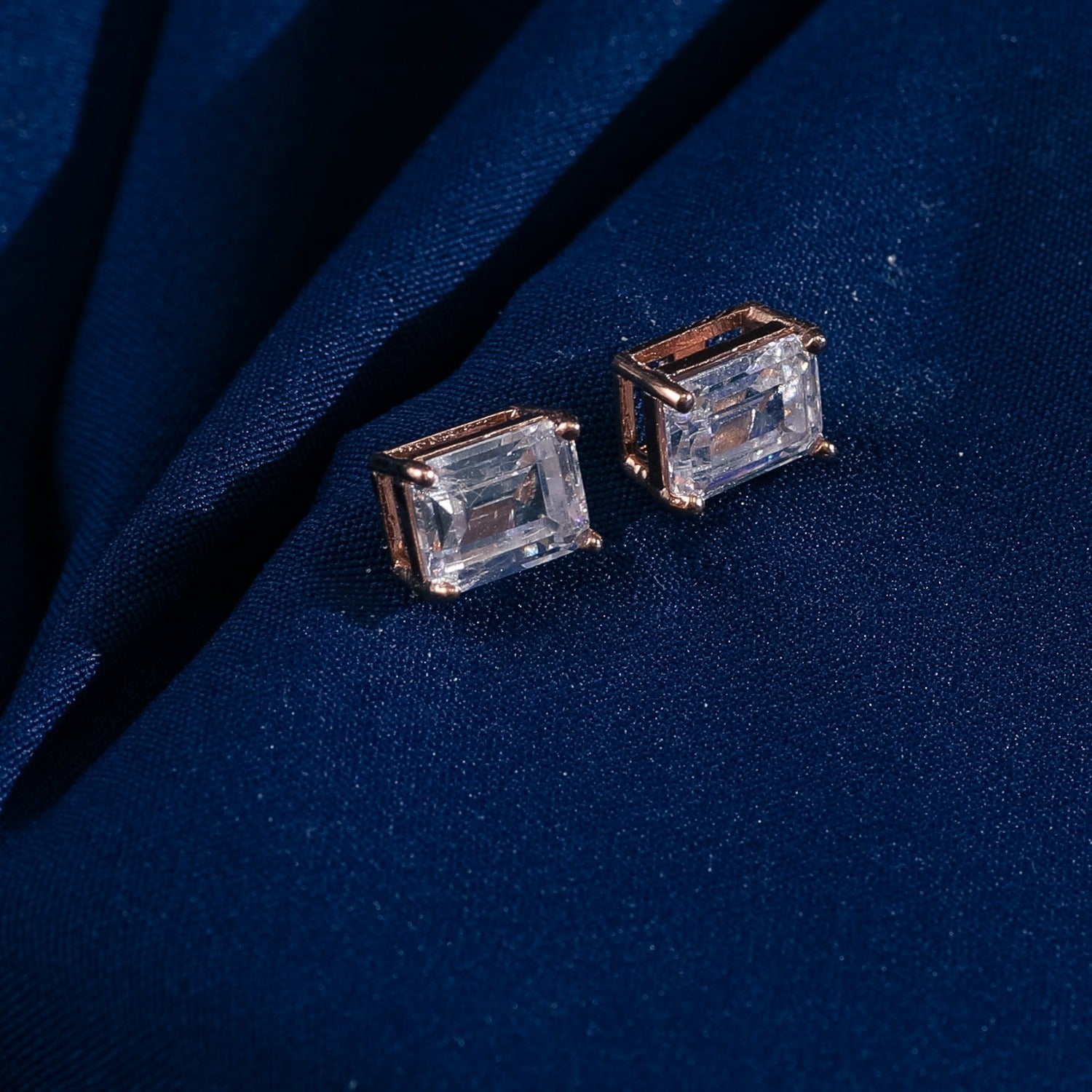 Earrings Classic Emerald cut Solitaire Silver Stud Earrings, Medium