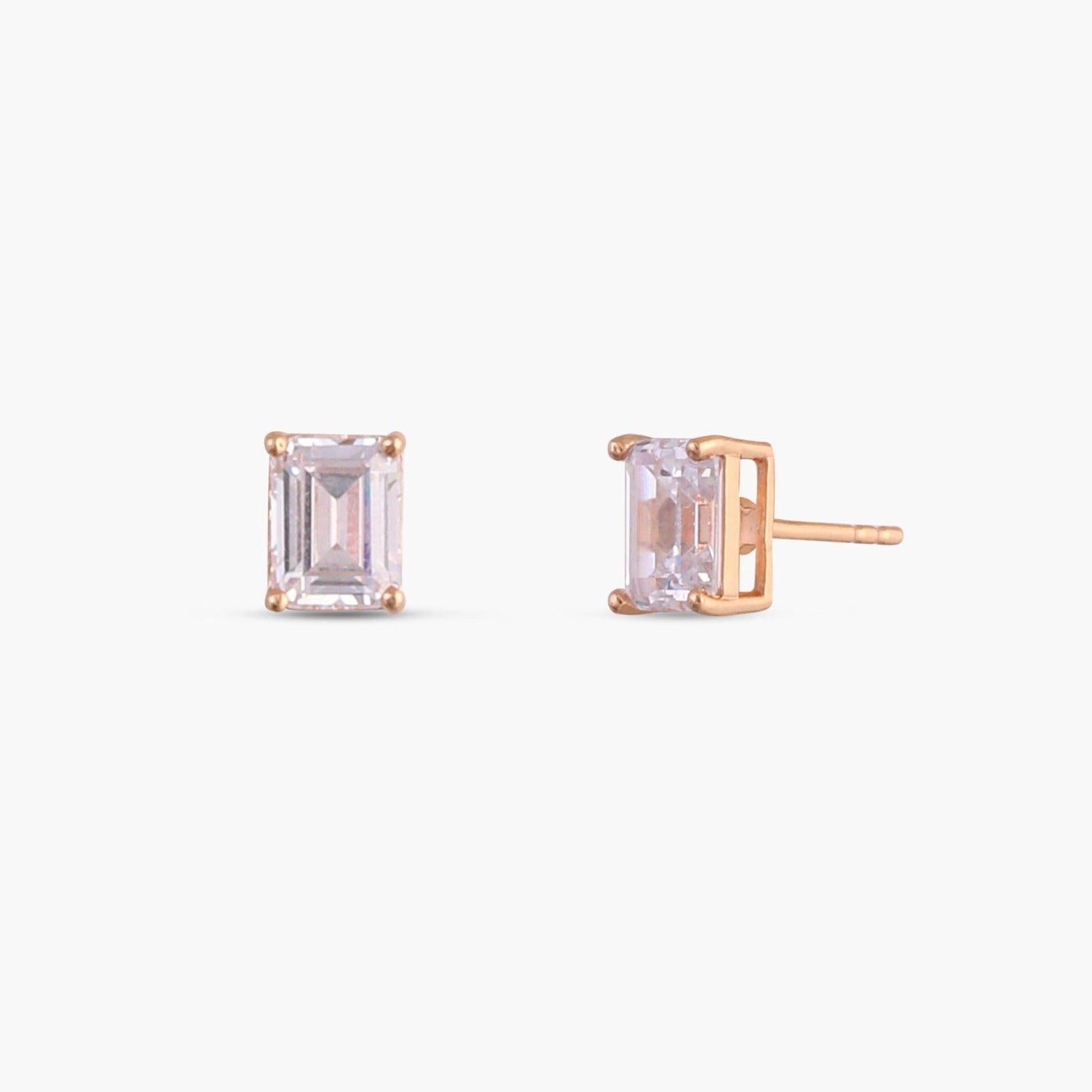 Classic Emerald cut Solitaire Silver Stud Earrings, Medium