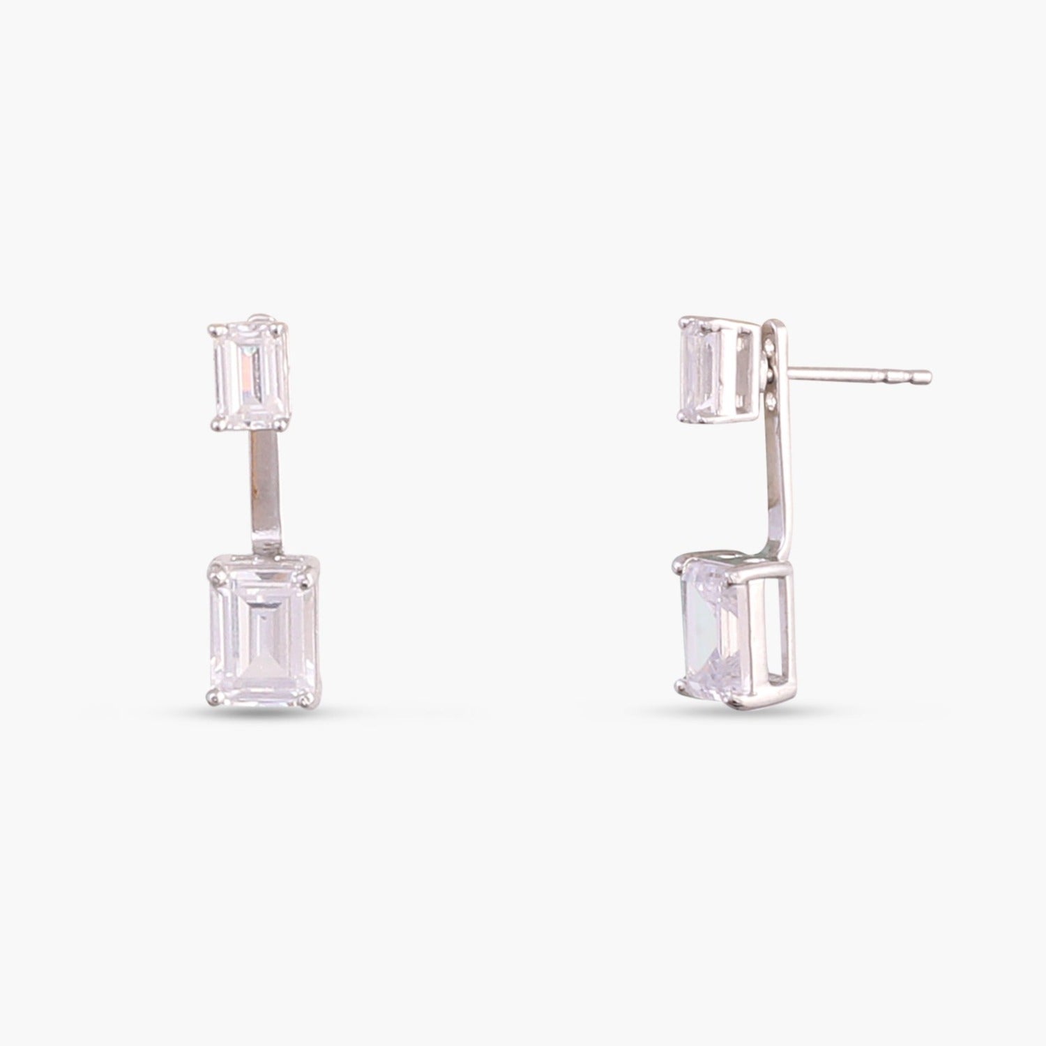 Emerald cut CZ with Detachable Ear jacket Silver Stud Earrings