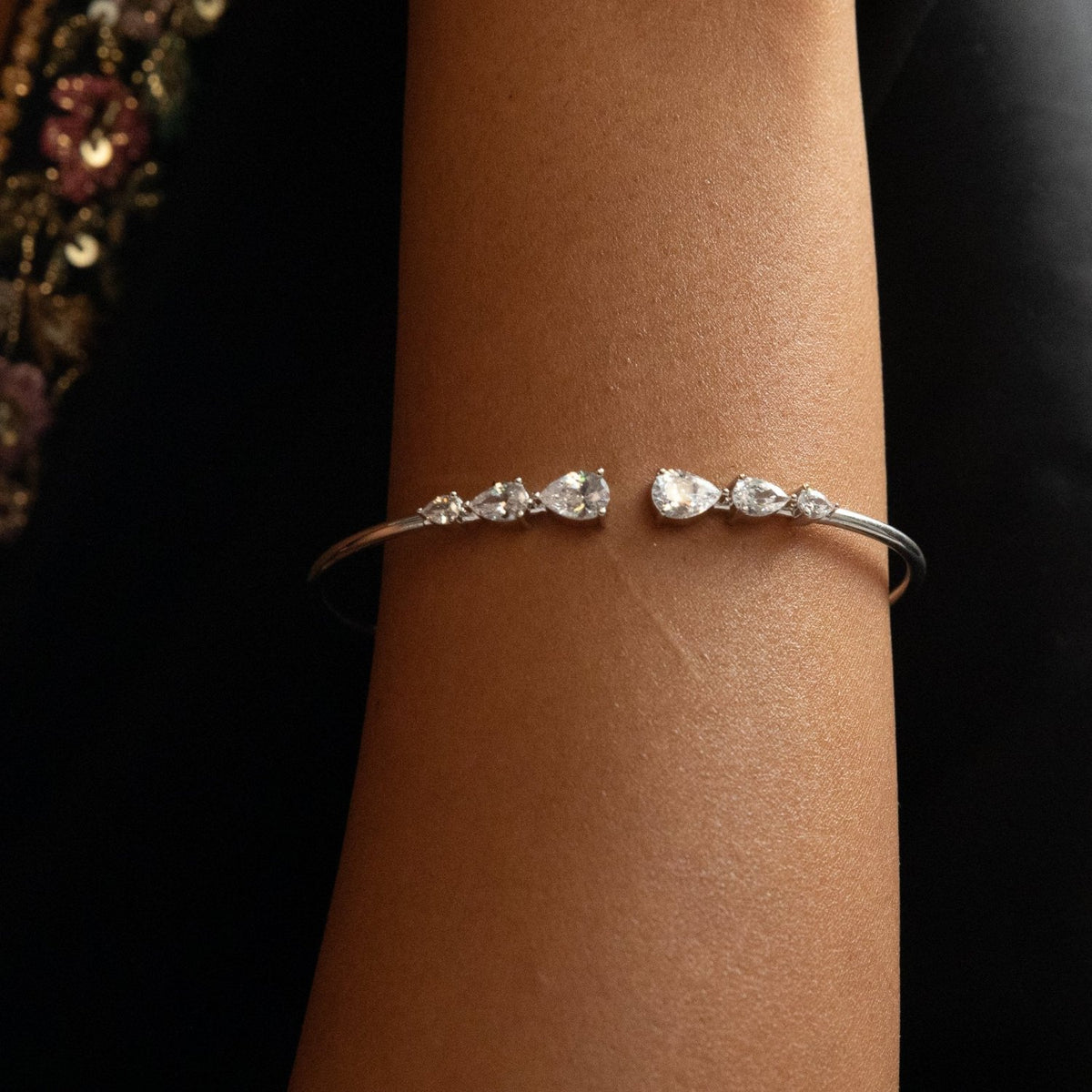 Elara CZ Teardrop Open Silver Bracelet