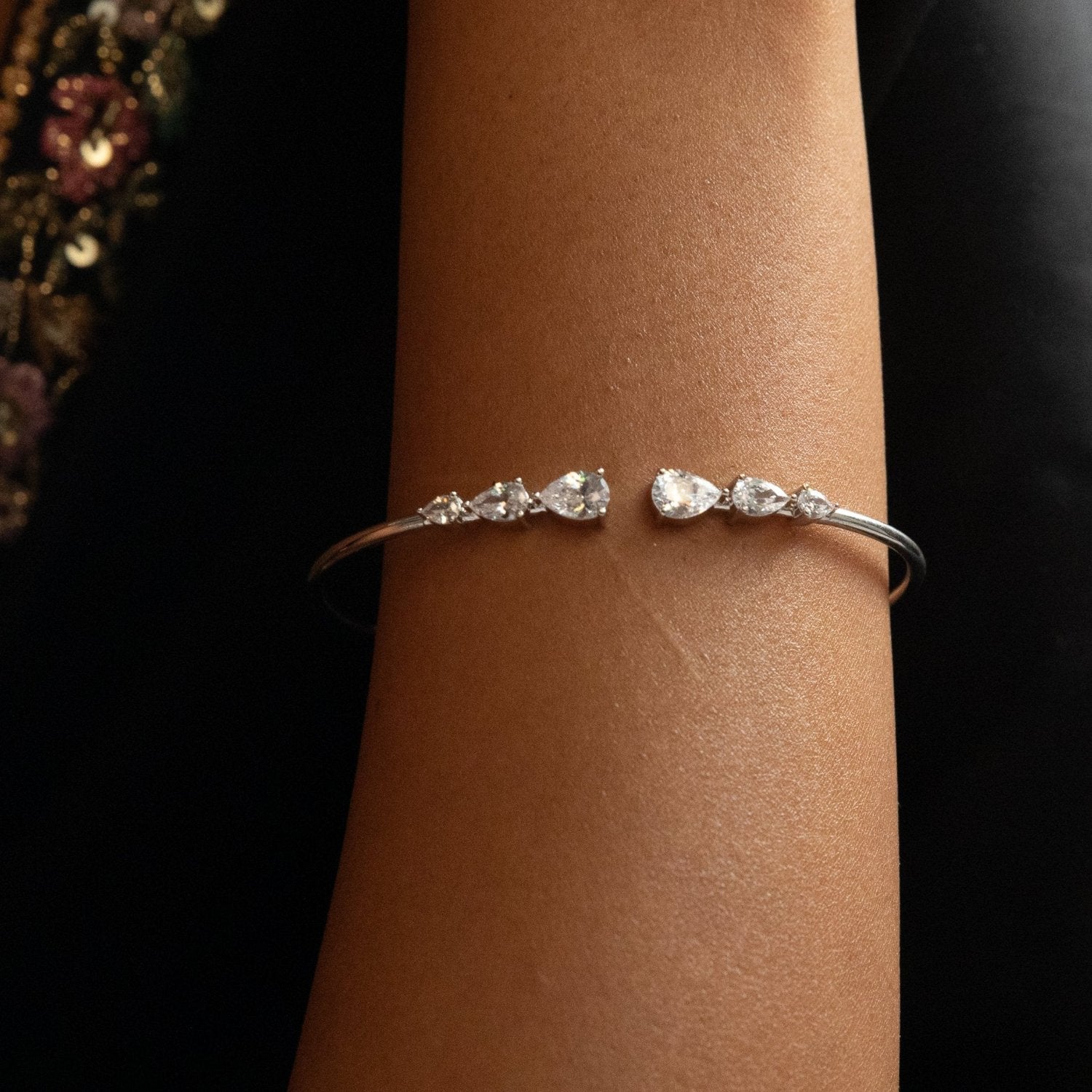 Elara CZ Teardrop Open Silver Bracelet