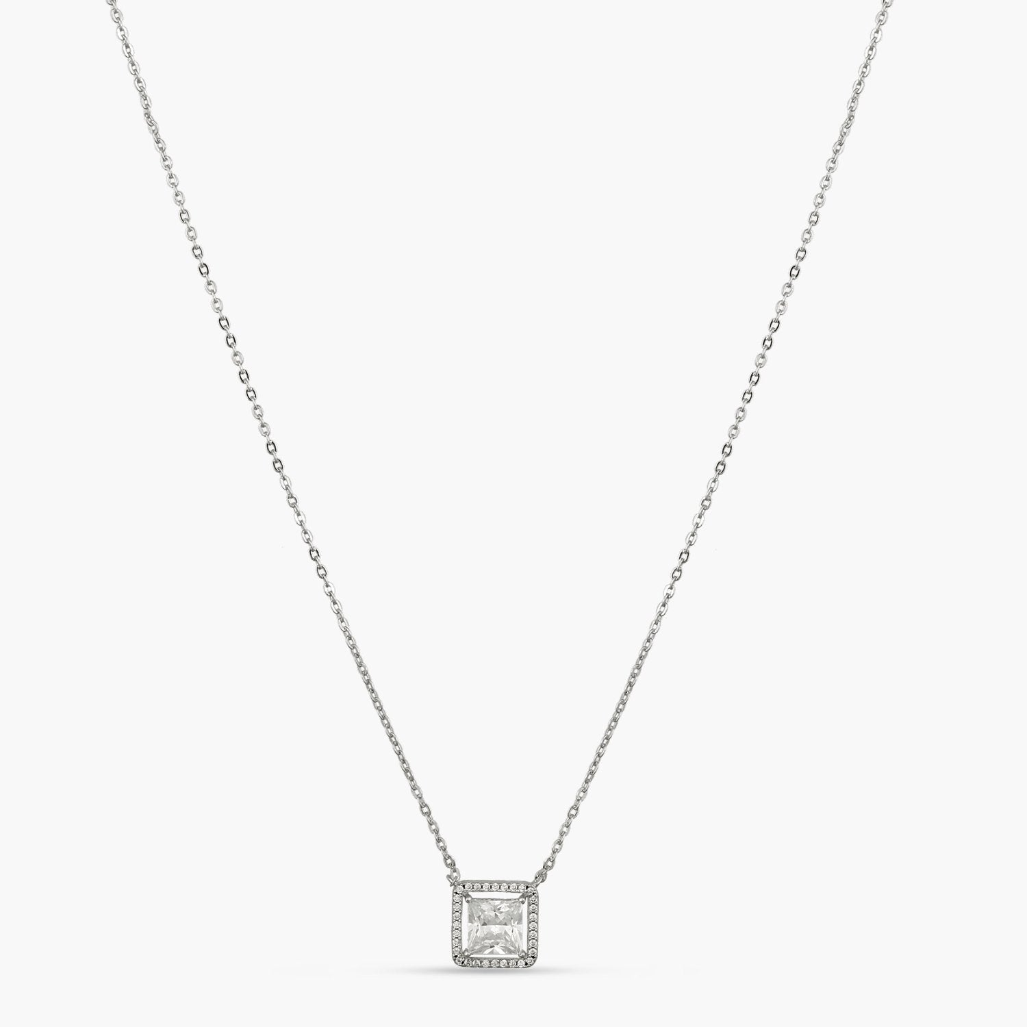 Necklace Squared Brilliance CZ Silver Pendant Necklace