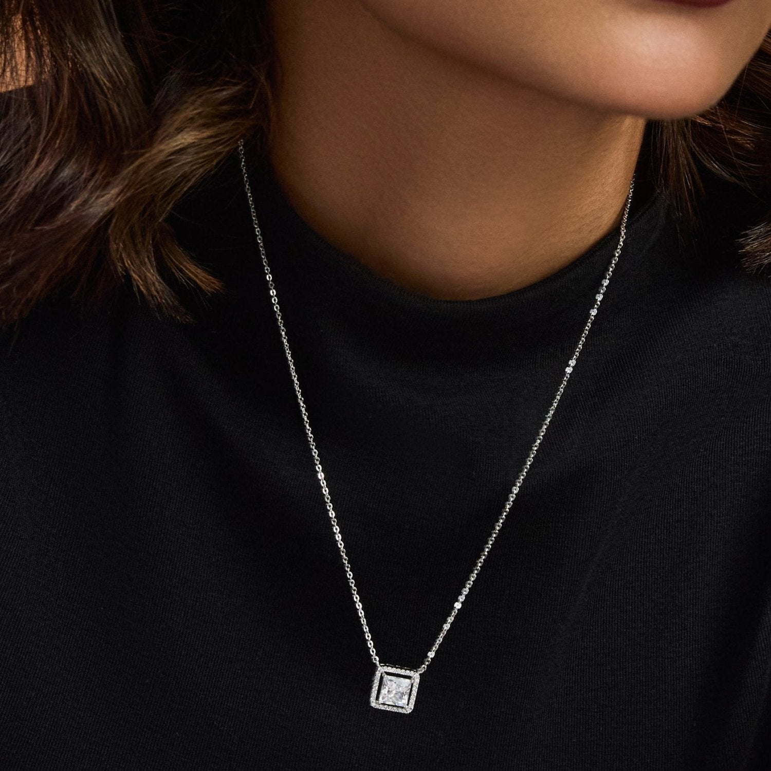 Squared Brilliance CZ Silver Pendant Necklace